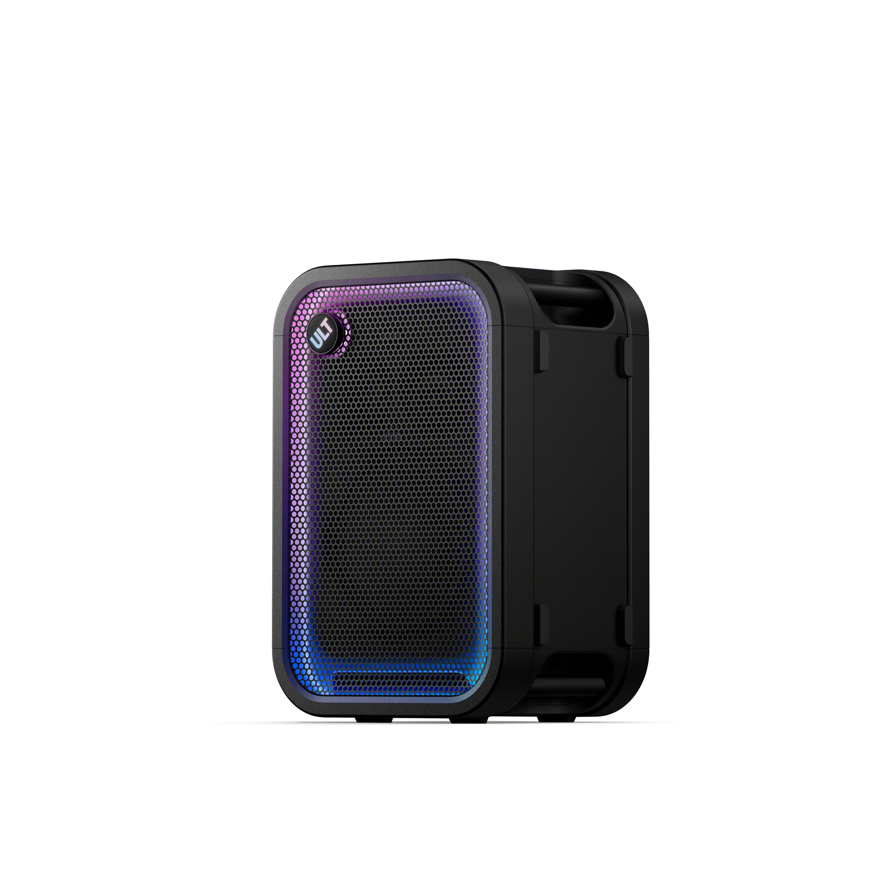 Ein schwarzer kabelloser Lautsprecher mit Gitternetzfront und leuchtenden lila-blauen LEDs auf weißem Hintergrund.