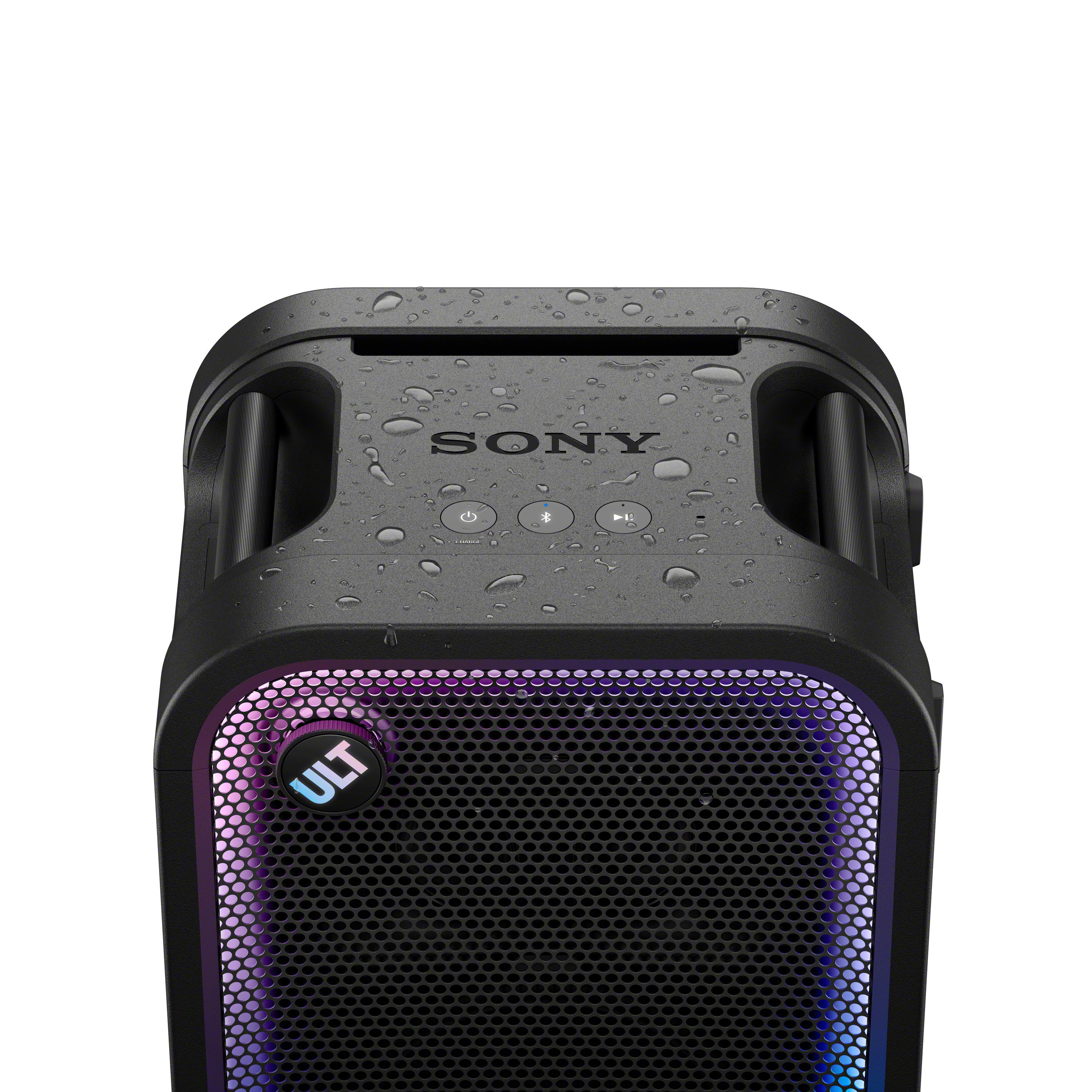 Ein schwarzer Sony-Lautsprecher mit Wassertropfen oben, violettem Licht und ULT-Knopf vorne.