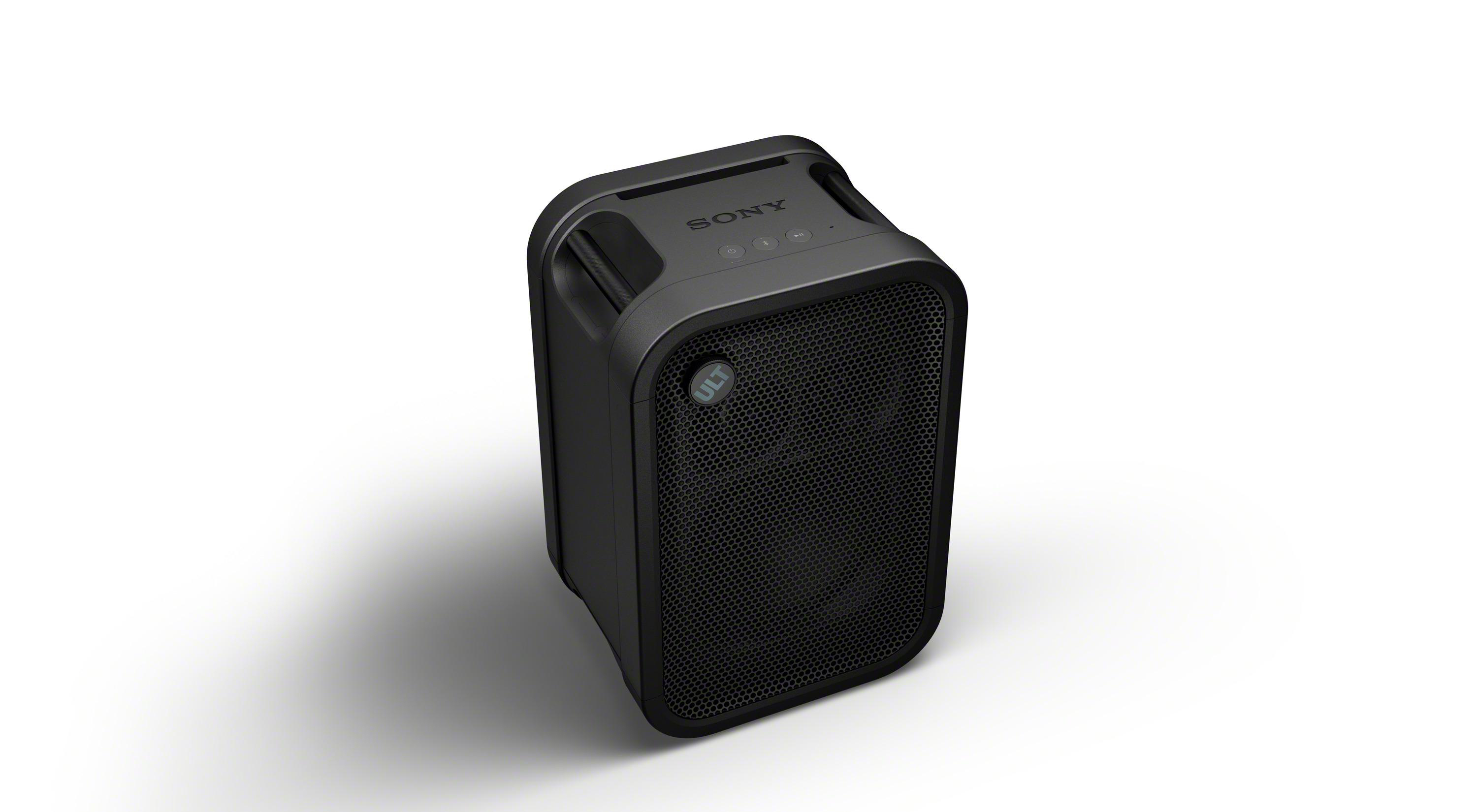Ein schwarzer Sony Bluetooth-Lautsprecher steht auf einem weißen Hintergrund.