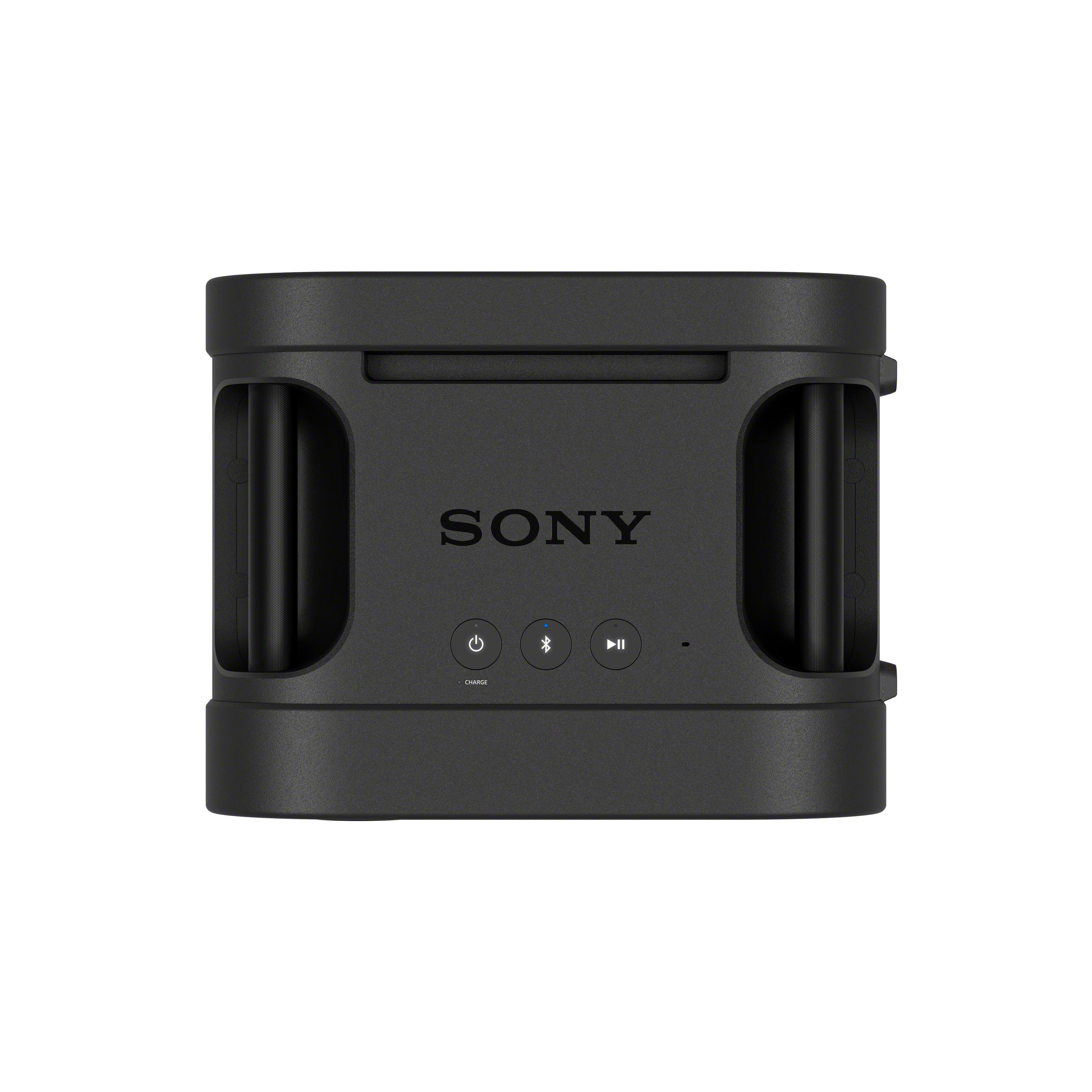Schwarzer tragbarer Sony-Bluetooth-Lautsprecher mit Griffen und Tasten auf der Vorderseite vor weißem Hintergrund.
