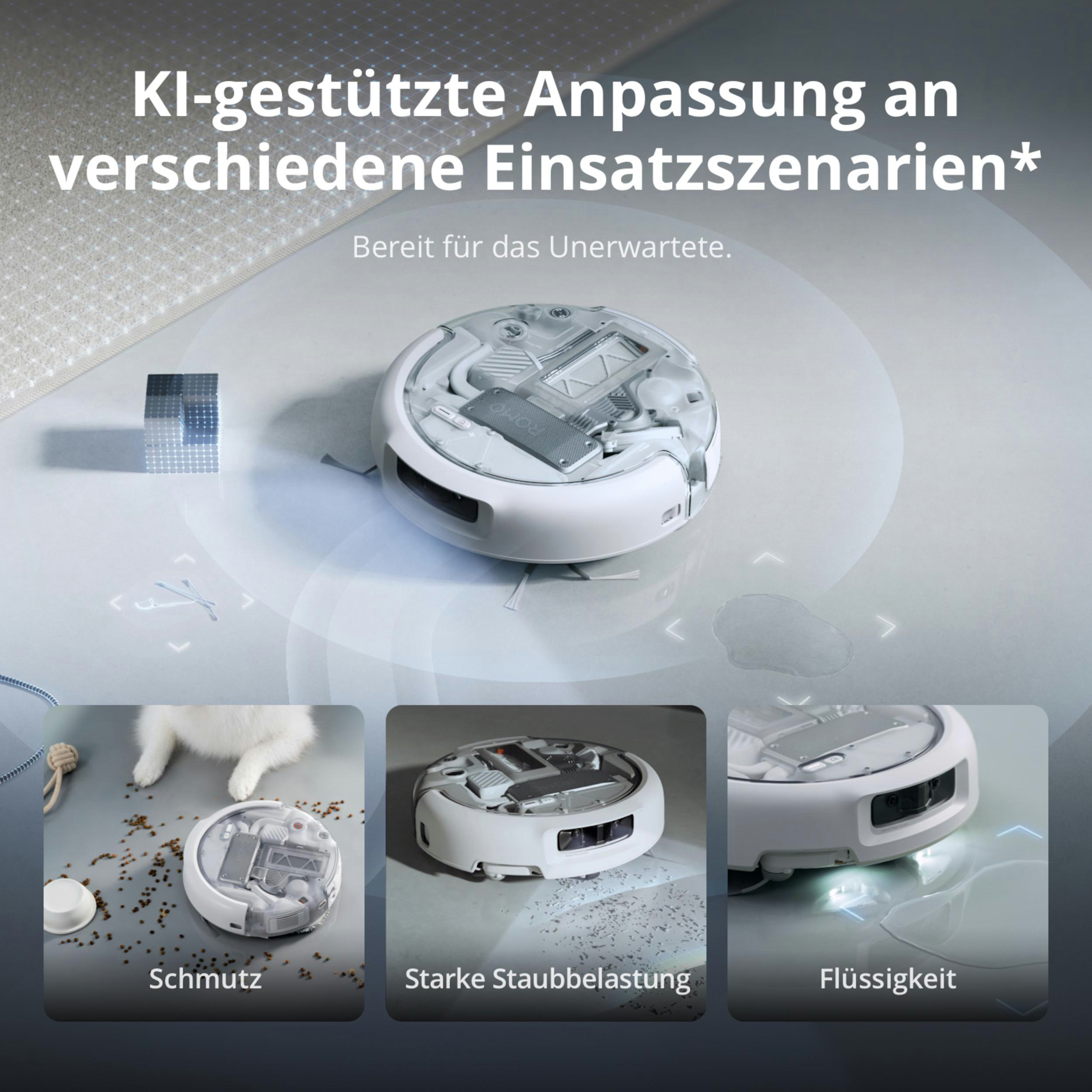 Weißer Roboterstaubsauger mit KI zur Anpassung an verschiedene Szenarien und Hindernisse.