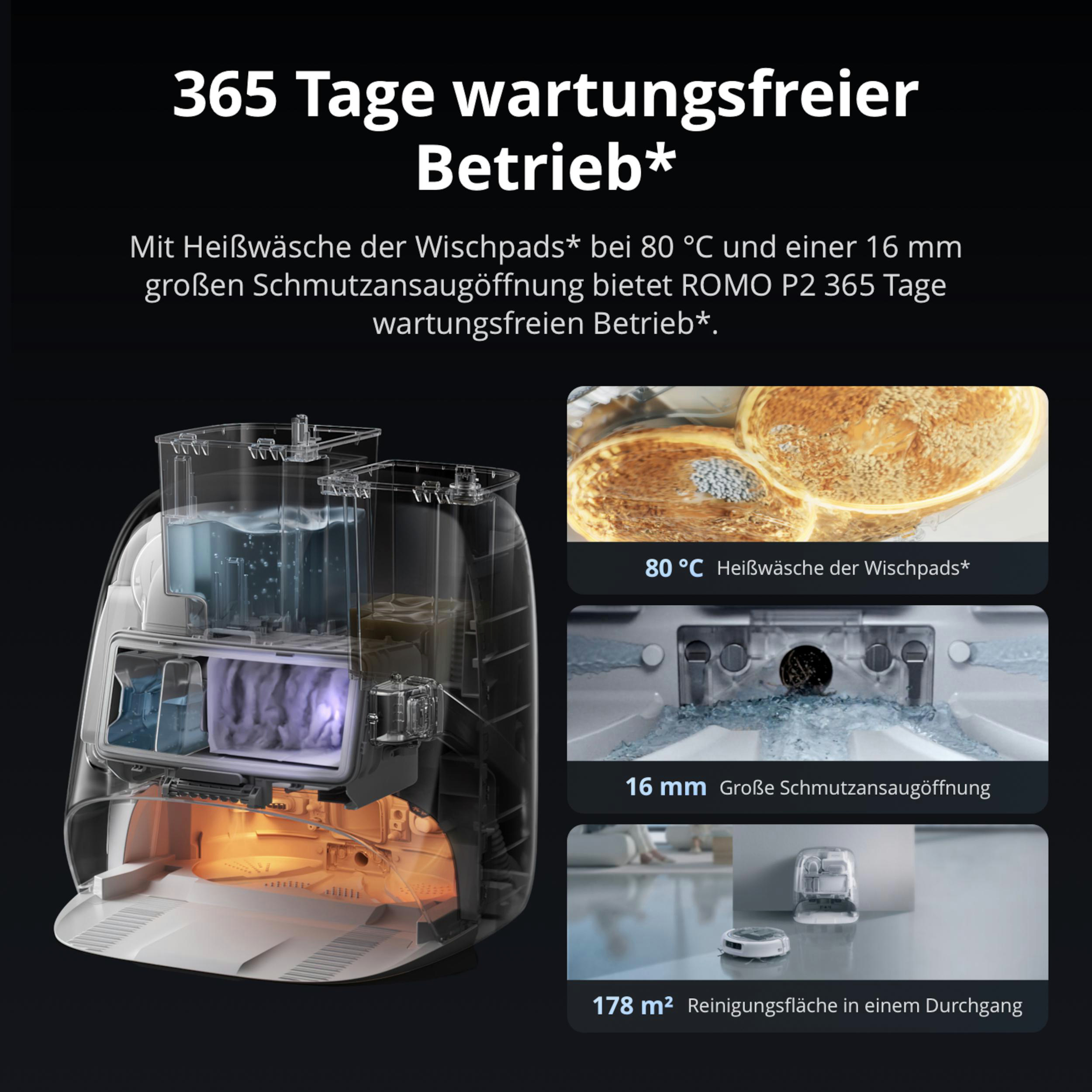 ROMO P2 Reinigungsstation mit 80°C Heißwäsche und 16 mm Schmutzansaugöffnung für wartungsfreien Betrieb.