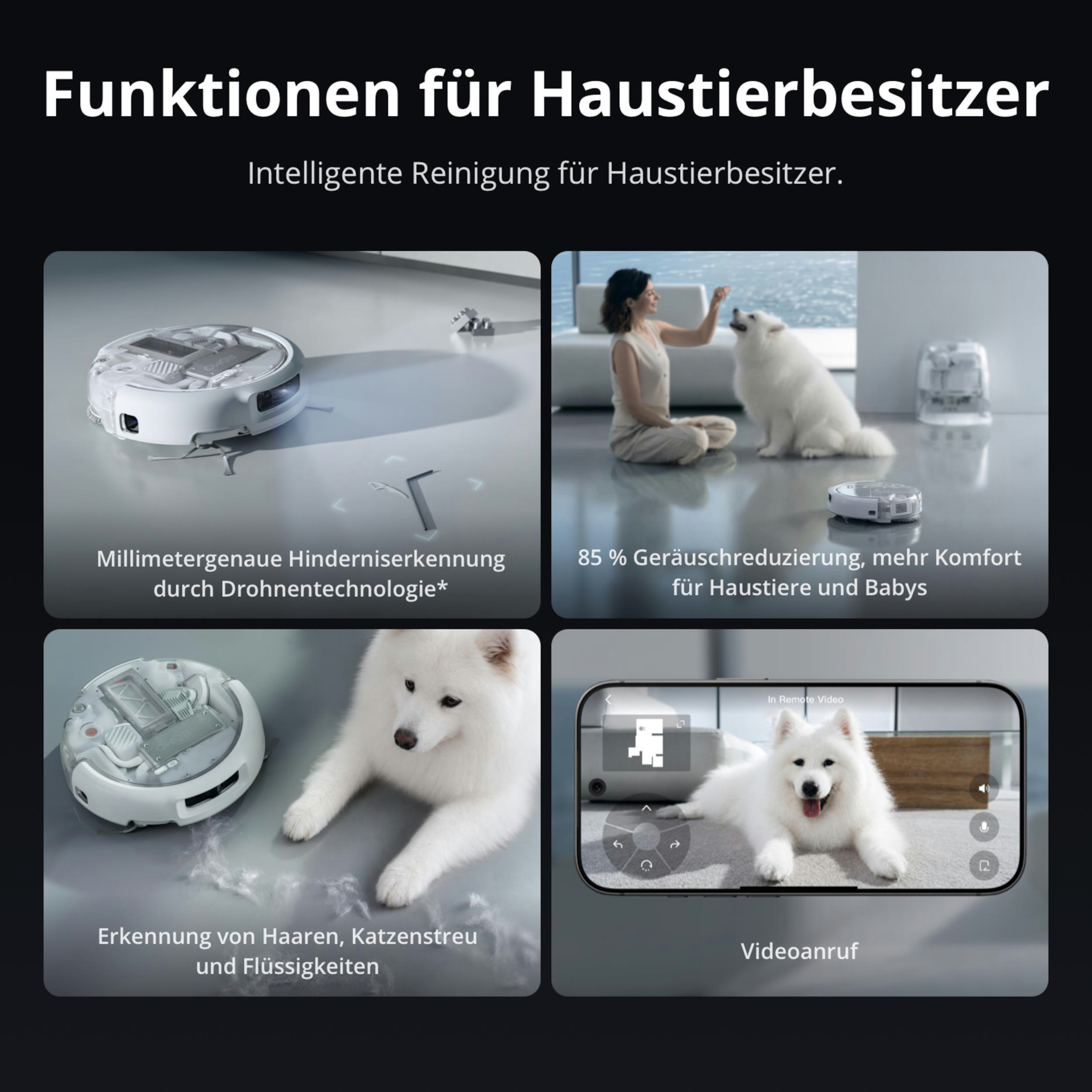 Grafik mit vier Bildern zeigt Funktionen eines Saugroboters für Haustierbesitzer.