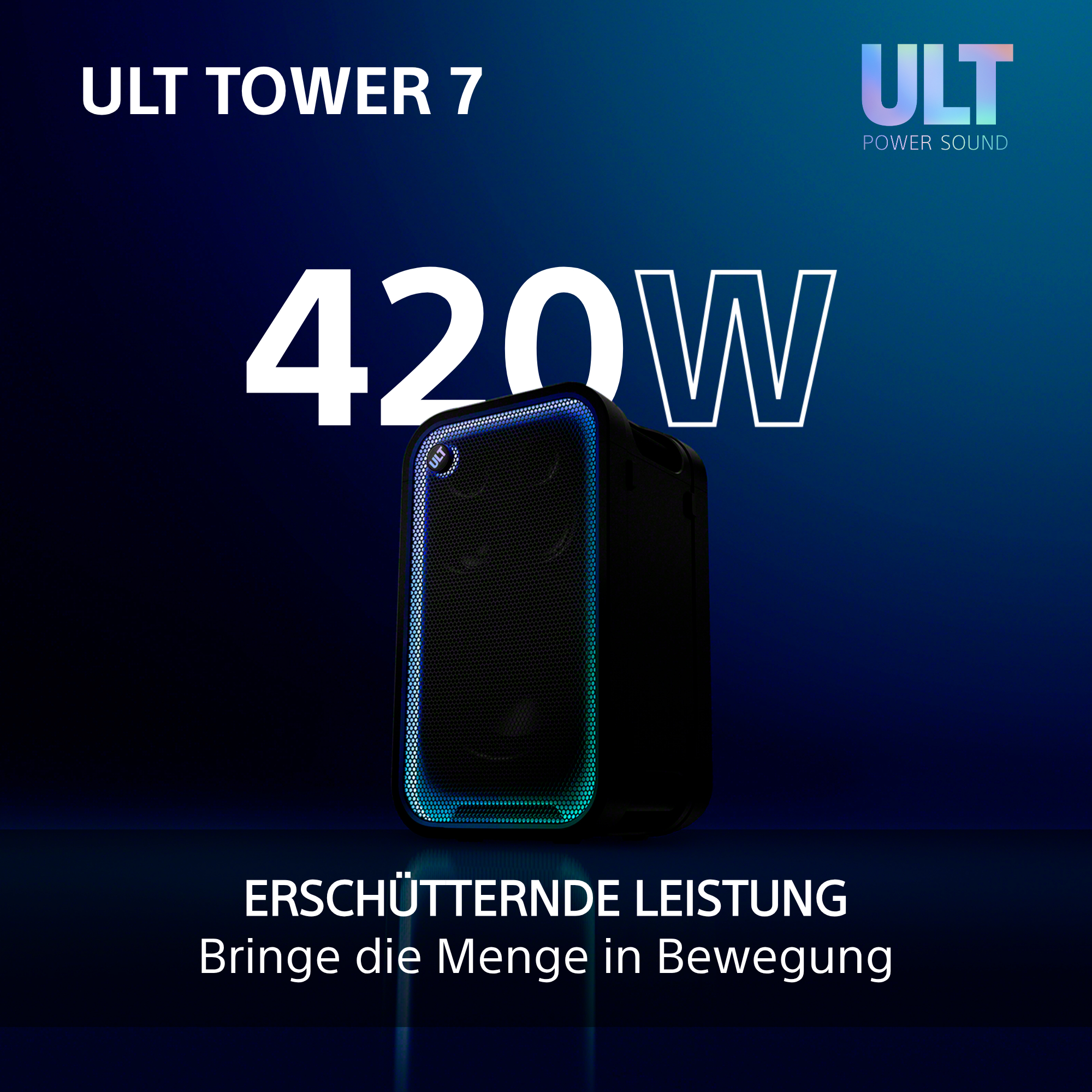 Schwarzer Lautsprecher ULT Tower 7 mit 420W auf blauem Hintergrund und Text.