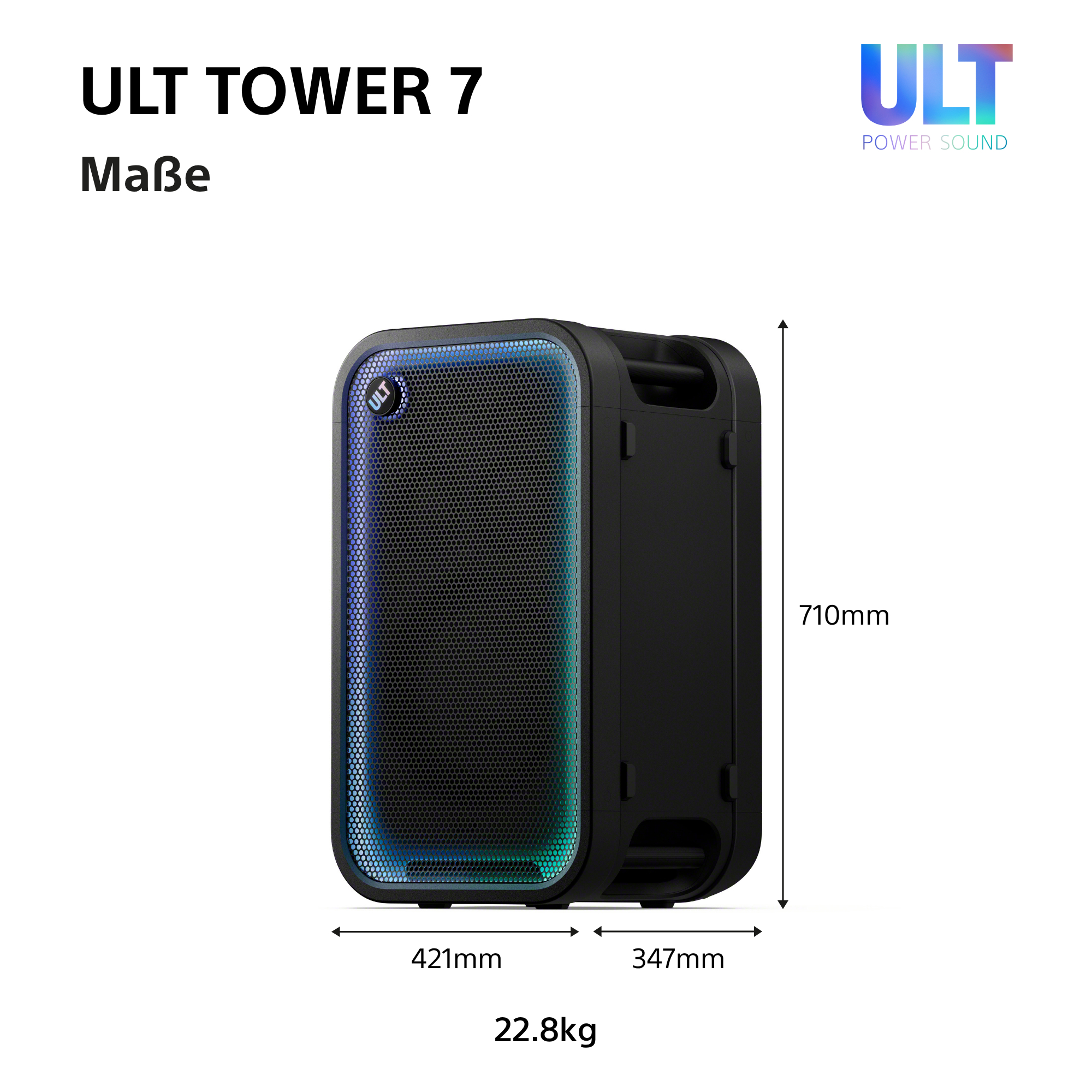 Schwarzer ULT Tower 7 Lautsprecher mit Beleuchtung und Maßangaben: 710mm Höhe, 421mm Breite, 347mm Tiefe, 22.8kg.