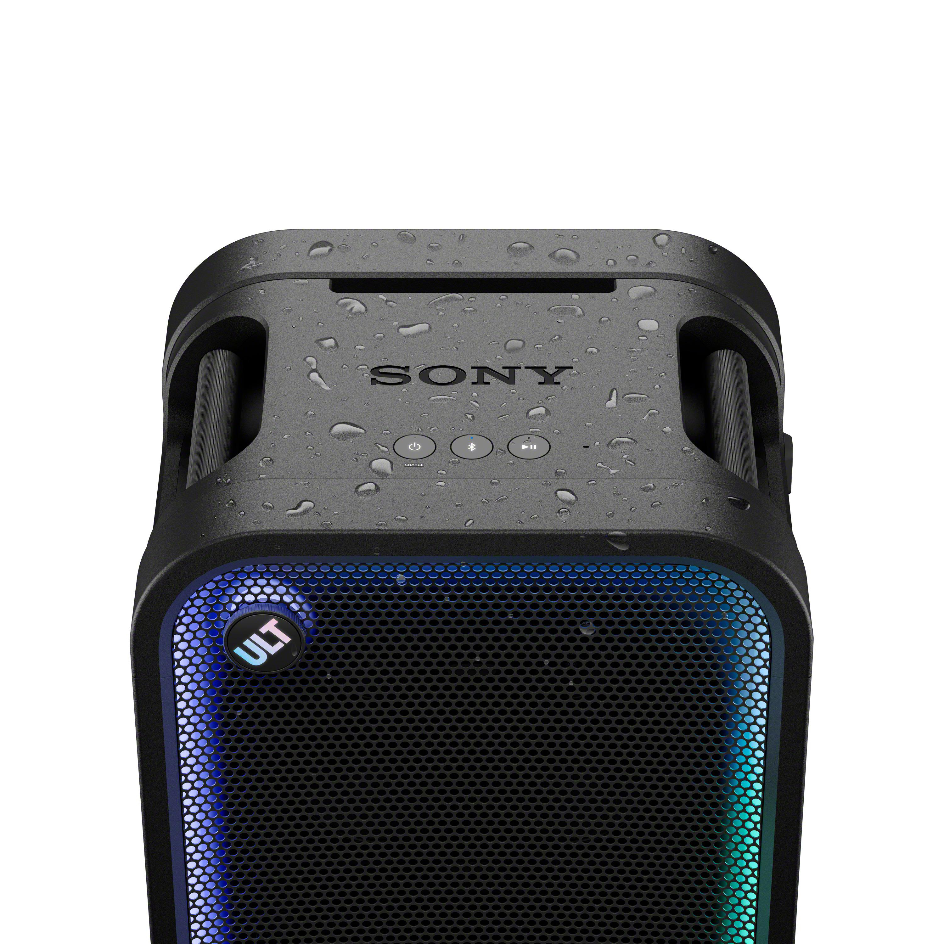 Wassergewölbter schwarzer Sony-Lautsprecher mit blauer Ult-Taste und Gitter.