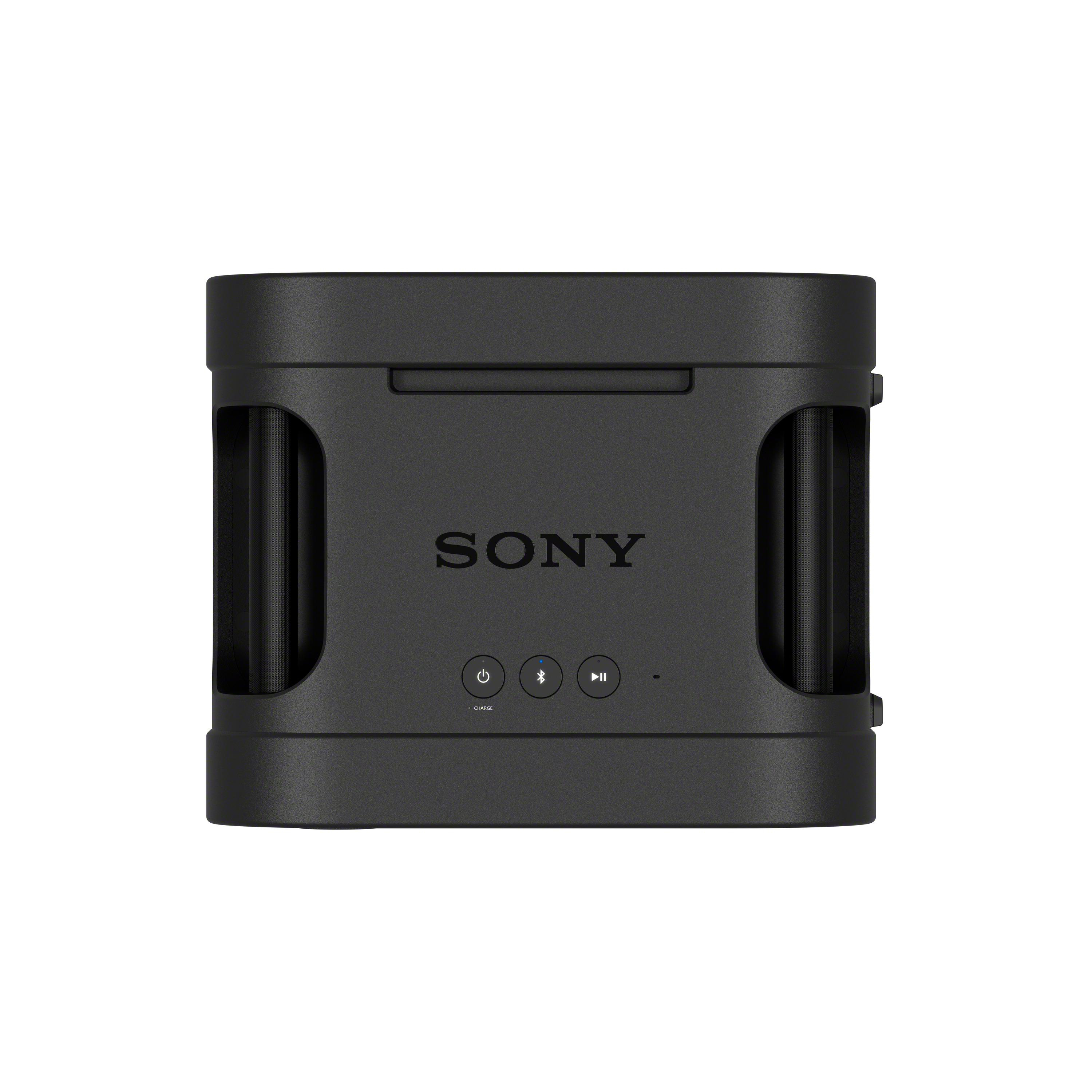 Ein schwarzer Sony-Bluetooth-Lautsprecher mit runden Bedienelementen auf der Vorderseite gegen weißen Hintergrund.