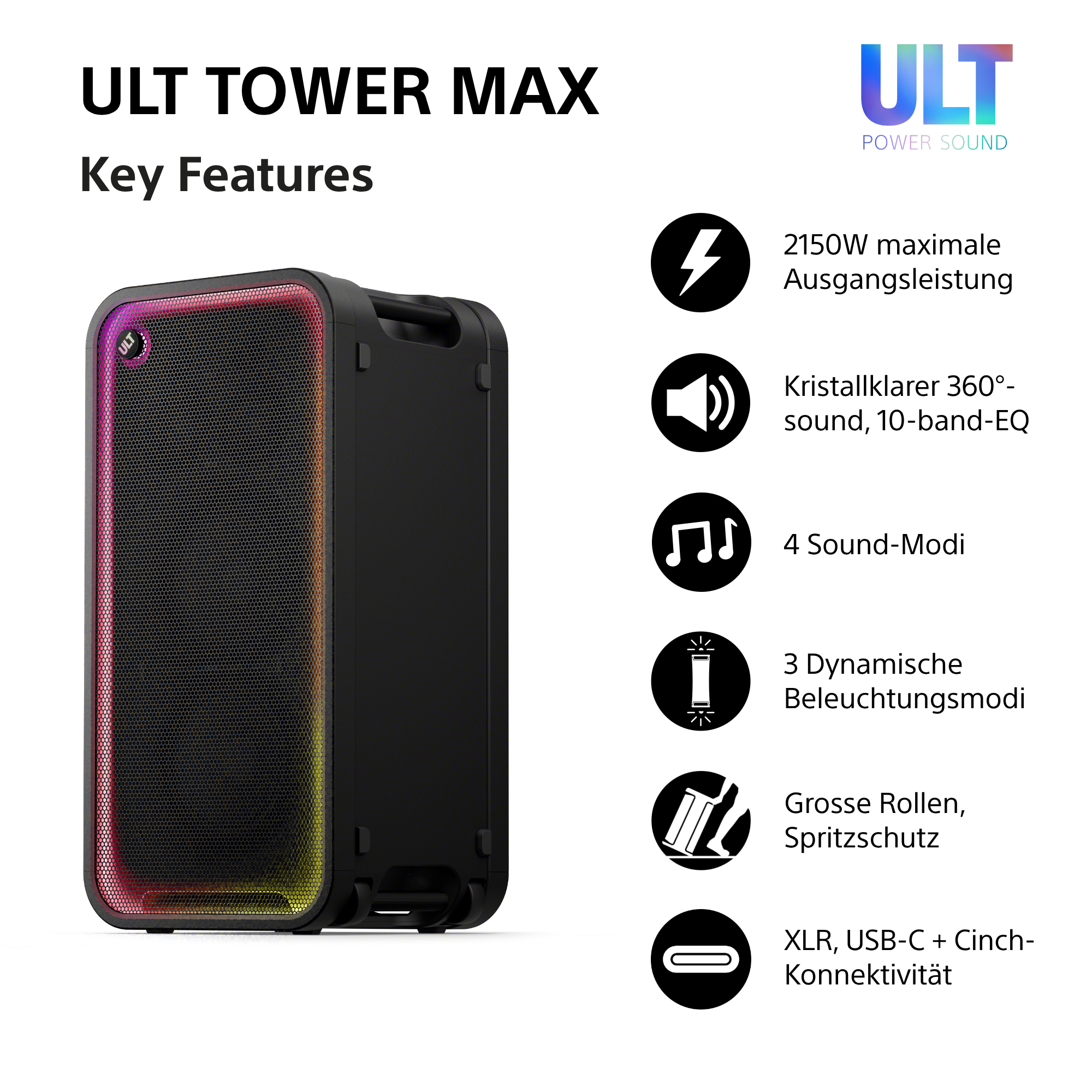 Produktmerkmale des ULT Tower Max Lautsprechers mit bunter Randbeleuchtung und sechs symbolbasierten Spezifikationen.