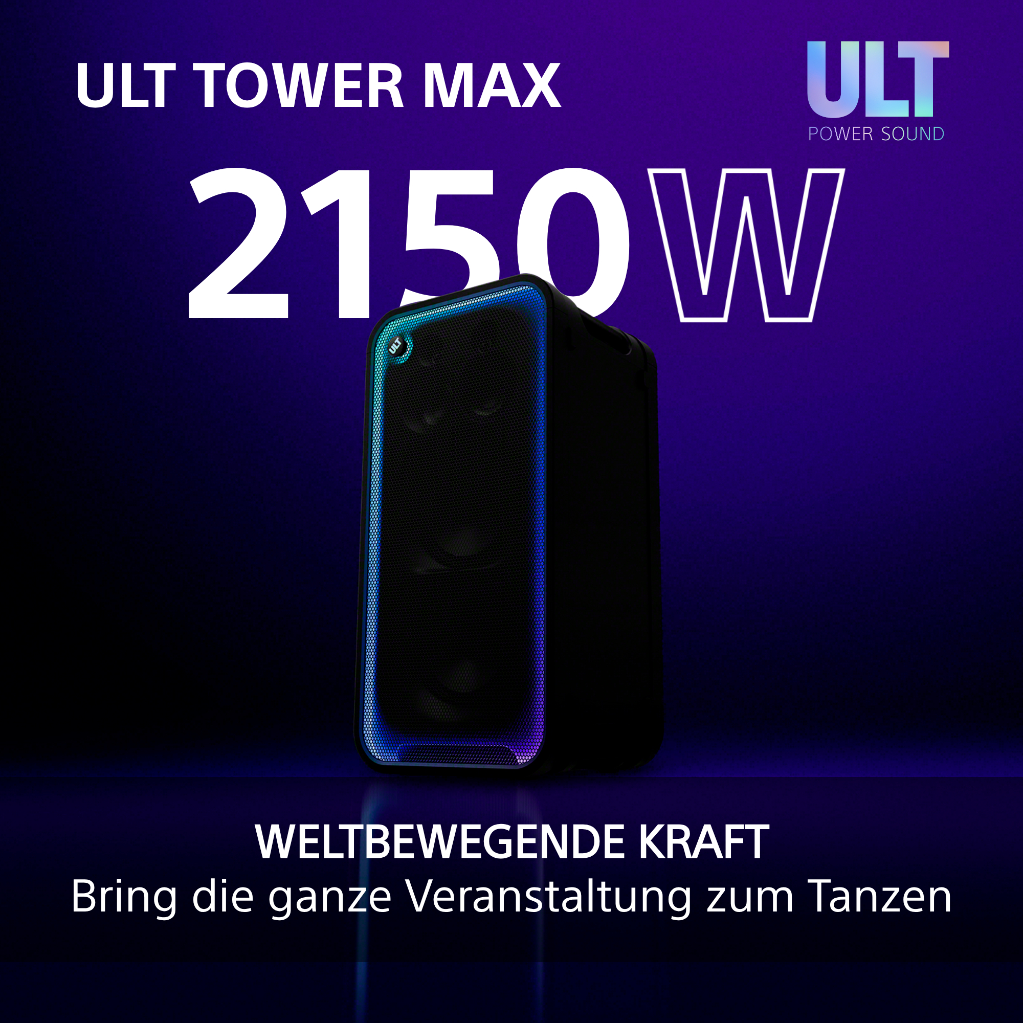 Schwarzer ULT Tower Max Lautsprecher mit blauer Randbeleuchtung und Text für 2150W auf violettem Hintergrund.