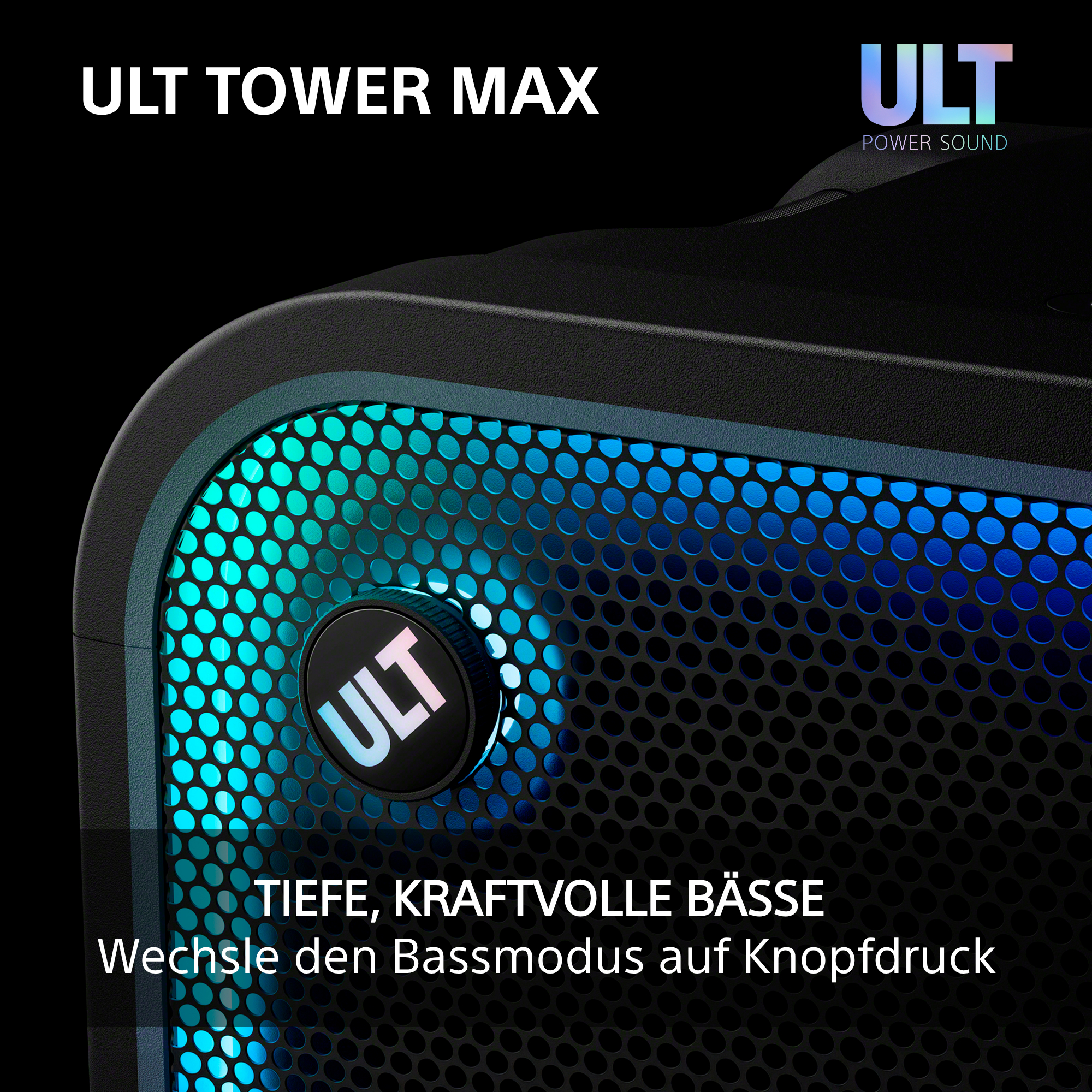 Schwarzer ULT TOWER MAX Lautsprecher mit blauer Gitterbeleuchtung und ULT-Knopf.