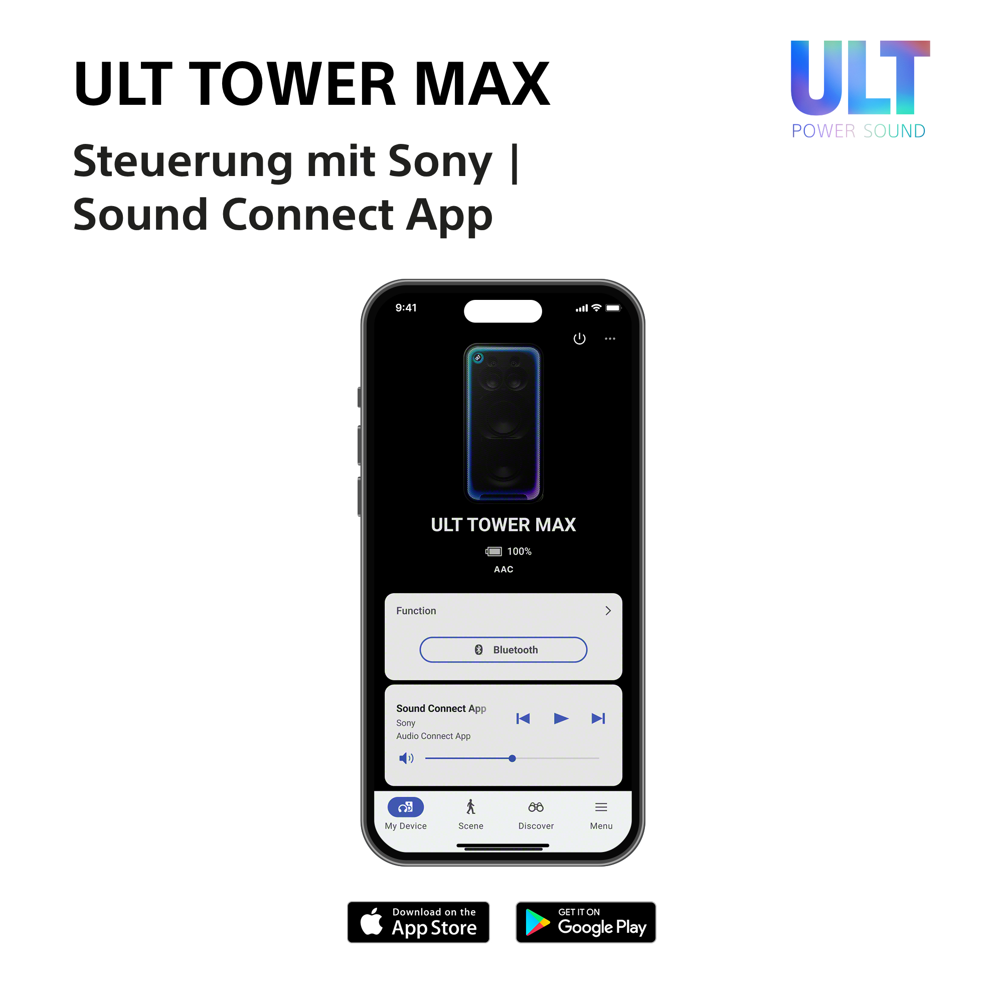 Ein Smartphone zeigt die Sony Sound Connect App zur Steuerung des ULT TOWER MAX Lautsprechers.