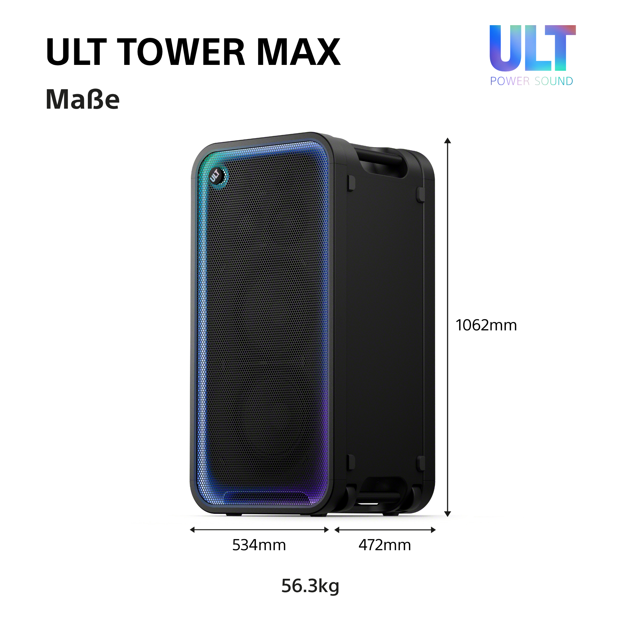 Technische Zeichnung mit Maßangaben des ULT Tower Max Lautsprechers.