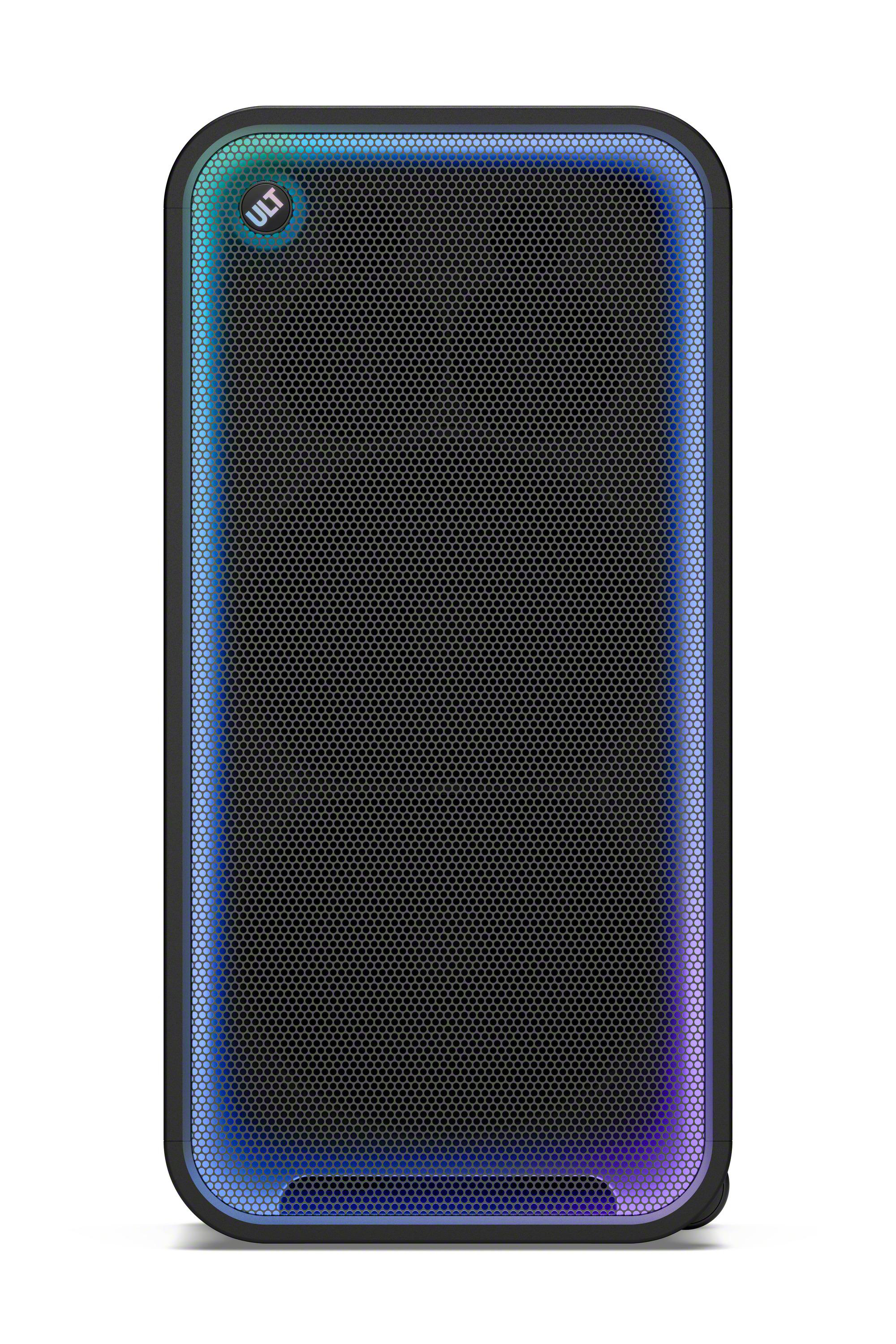 Ein großer, schwarzer, rechteckiger Bluetooth-Lautsprecher mit blauer LED-Beleuchtung und dem Logo ULT.