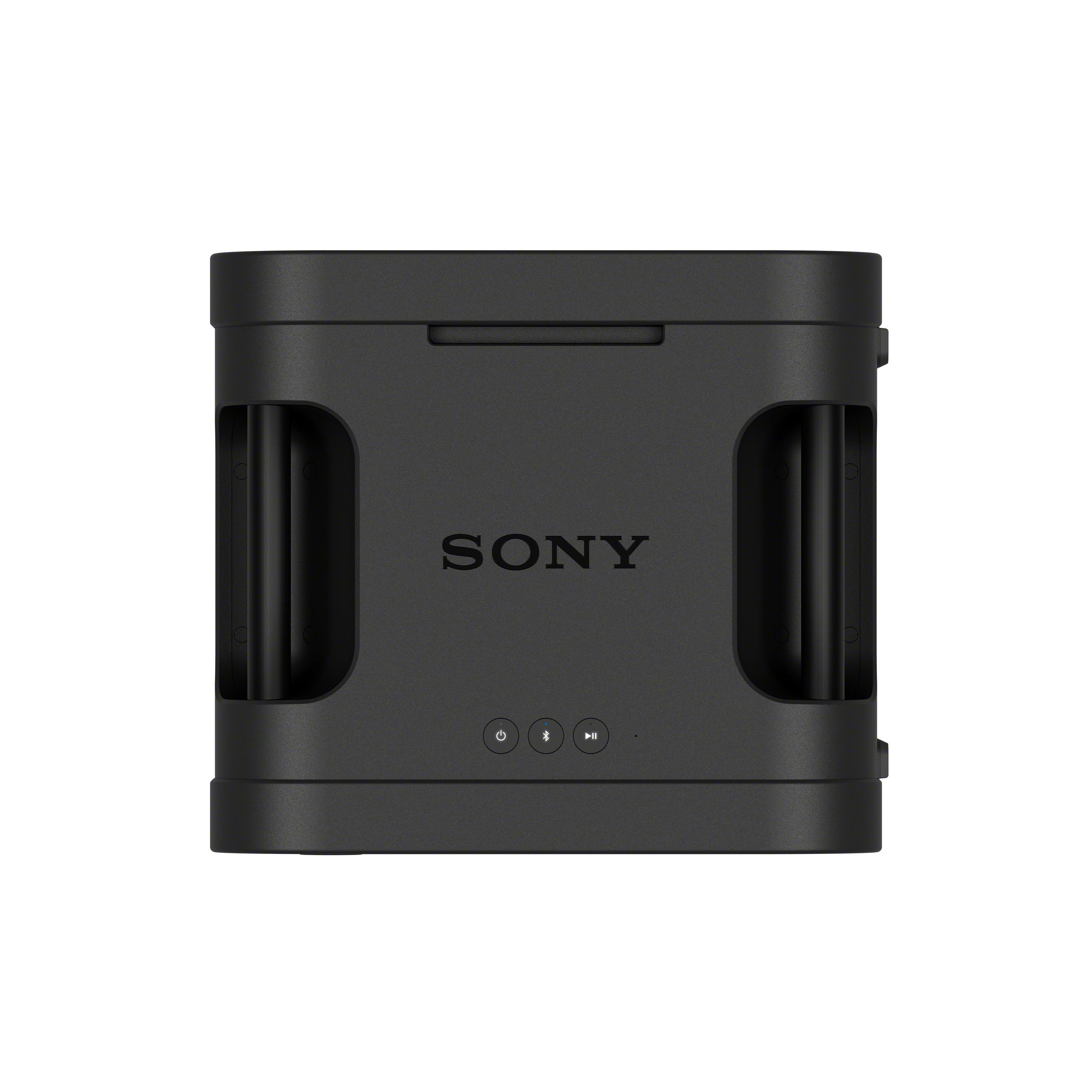 Schwarzer Sony-Bluetooth-Lautsprecher von vorne mit Tragegriffen und Bedientasten.