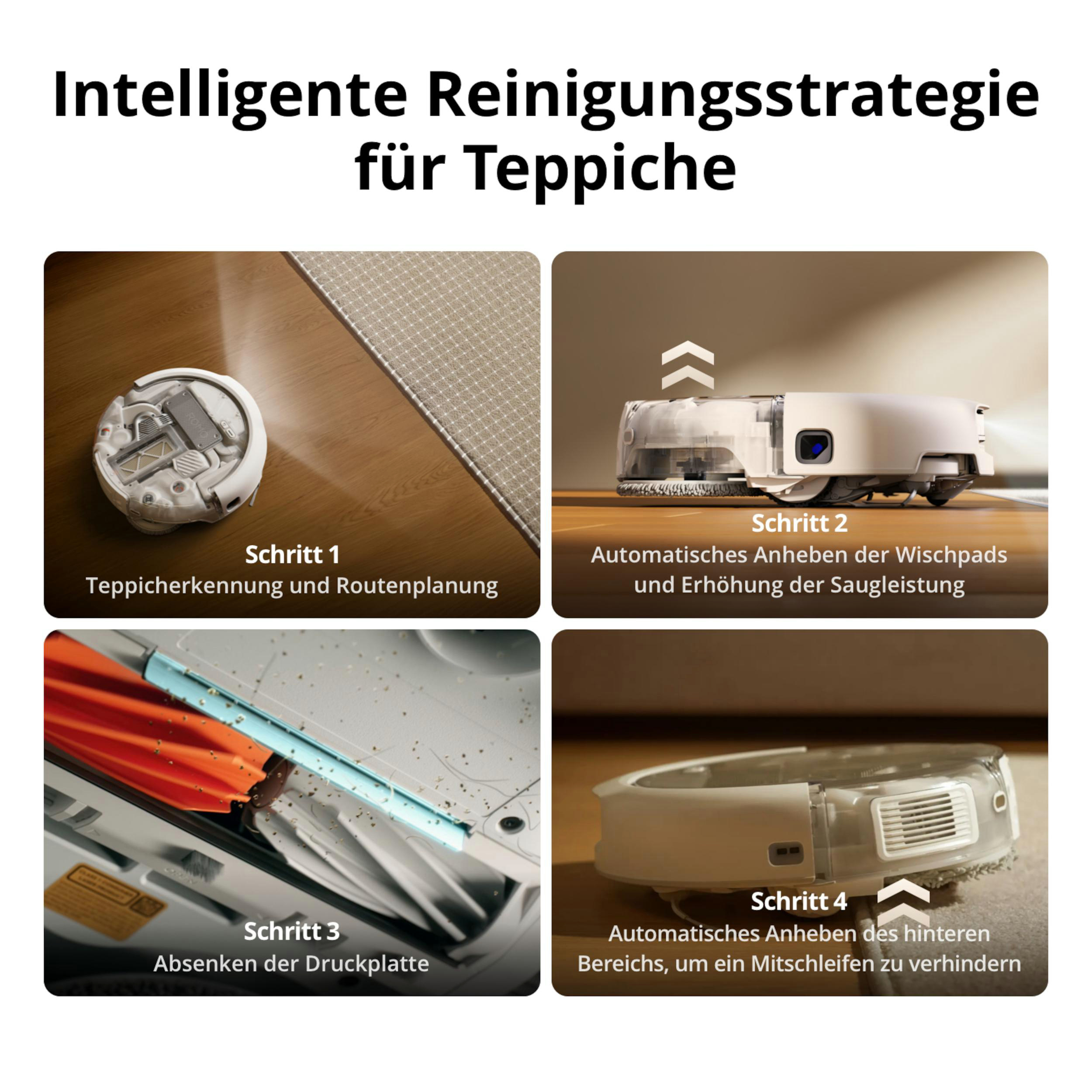 Vier Bilder zeigen die intelligente Reinigungsstrategie für Teppiche mit vier Schritten und einem Roboterstaubsauger.
