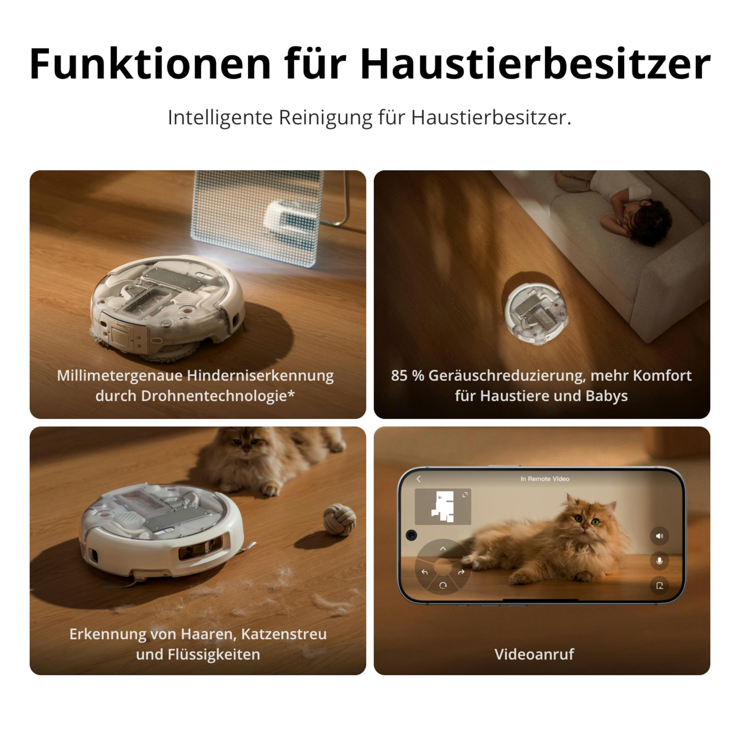 Vier Felder zeigen Roboterstaubsauger-Funktionen: Hinderniserkennung, Leisemodus, Haarkennung und Videoanruf.