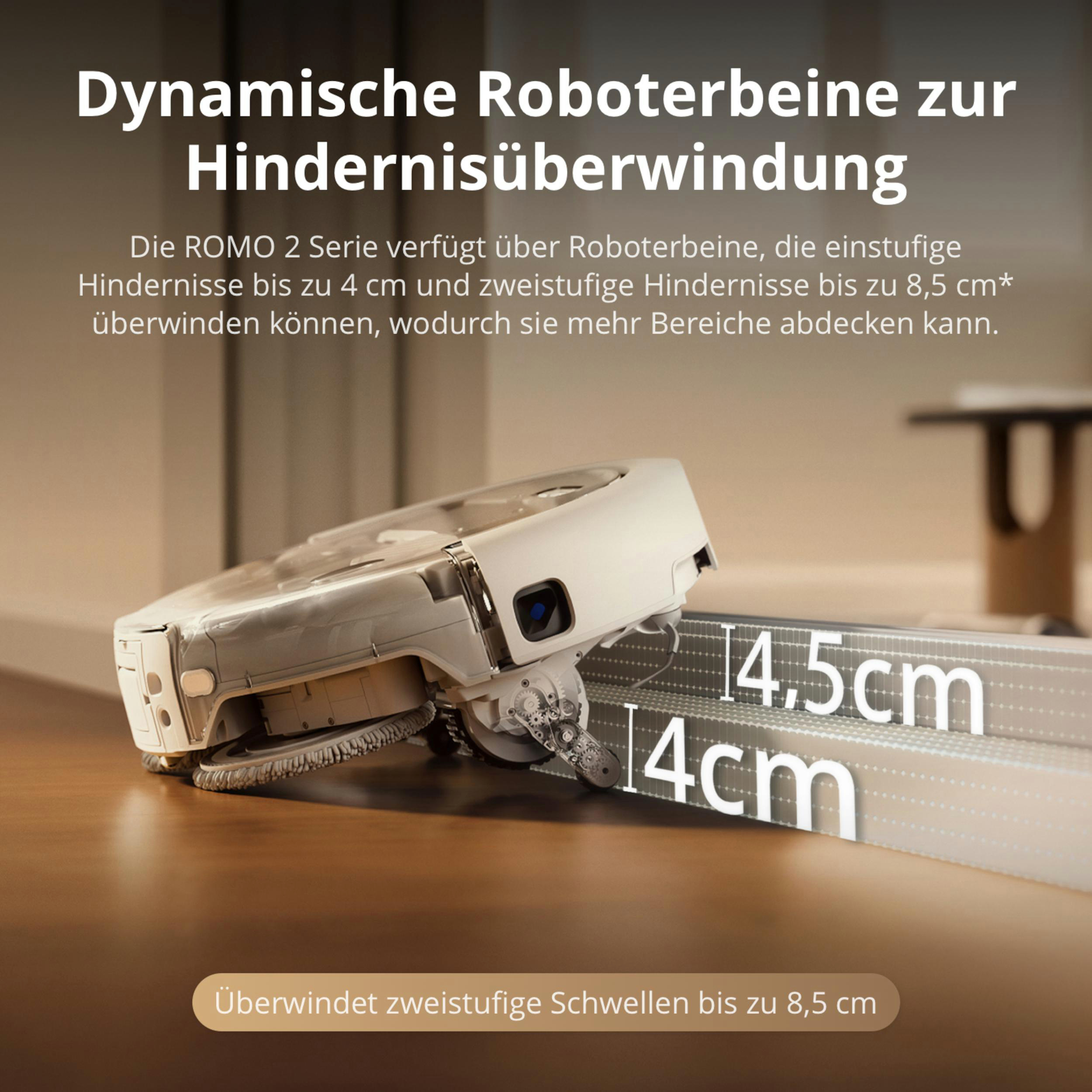 Ein weißer Roboterstaubsauger überwindet Stufen mit texturierten Rädern auf einem Holzboden.