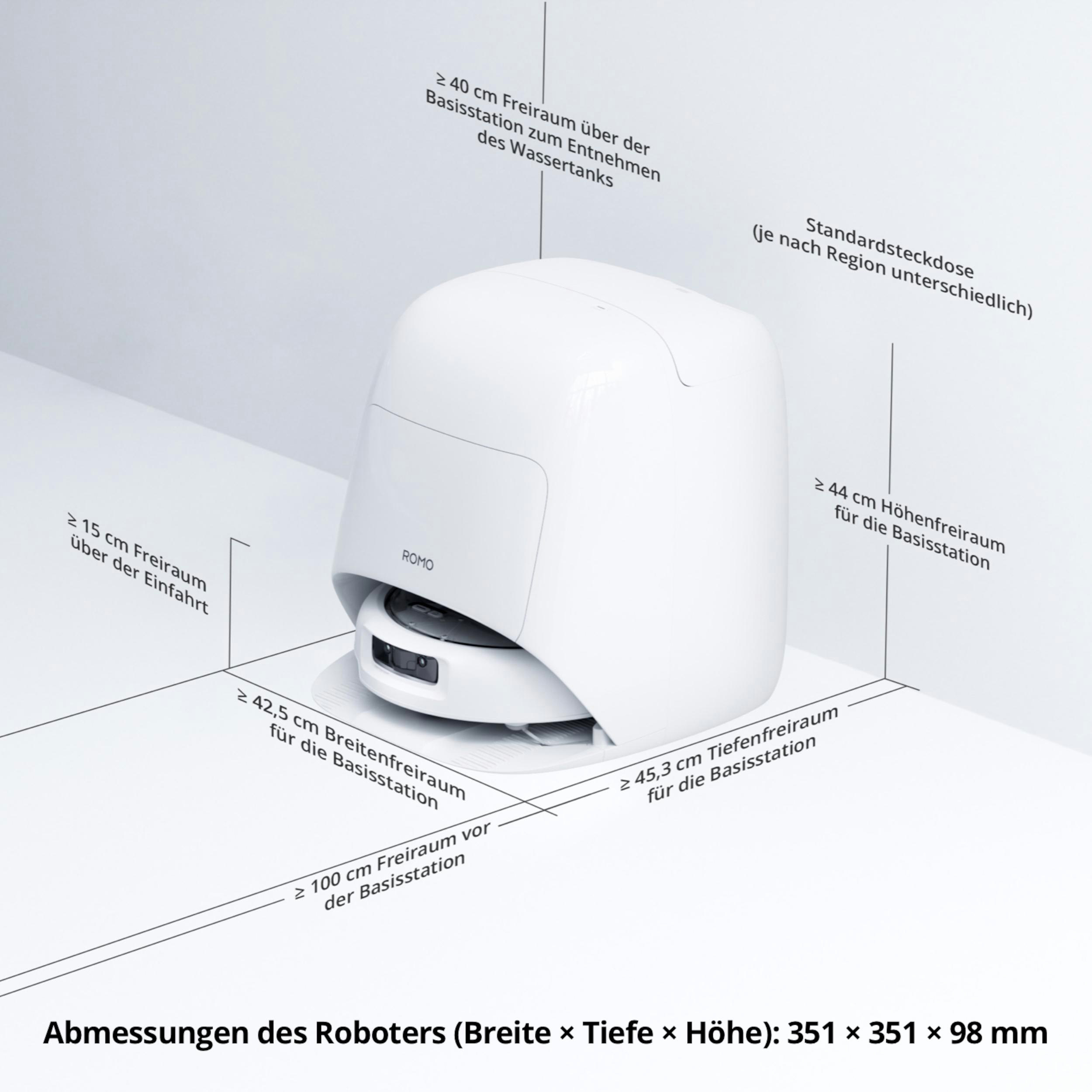 Diagramm mit Maßangaben für eine weiße Saugroboter-Basisstation mit ROMO-Logo und Roboter.