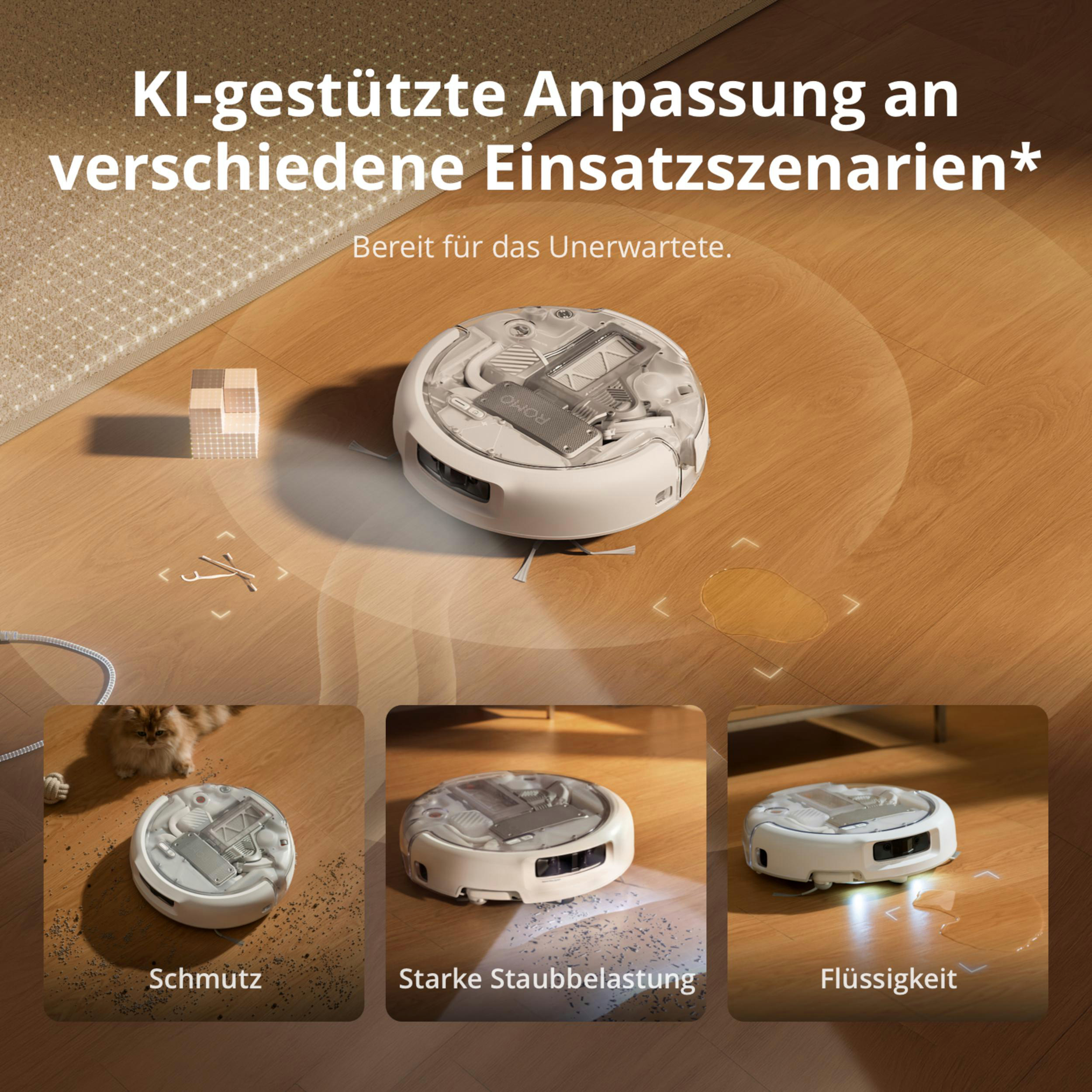 Roboterstaubsauger auf Holzboden mit drei kleineren Bildern für Schmutz, Staub und Flüssigkeit.