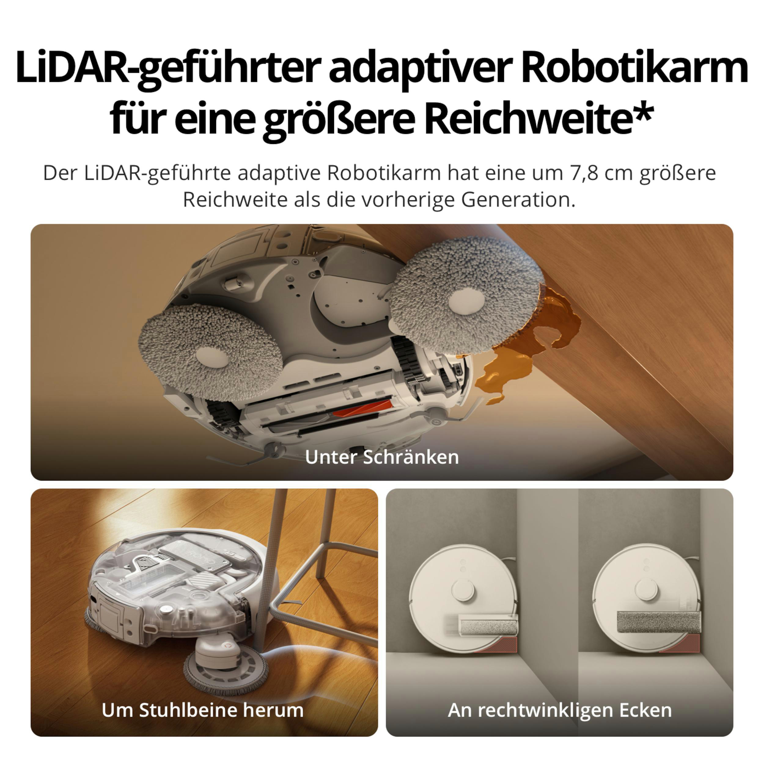 Roboterarm mit LiDAR-Führung erreicht Stellen unter Schränken, um Stuhlbeine und in rechten Ecken.