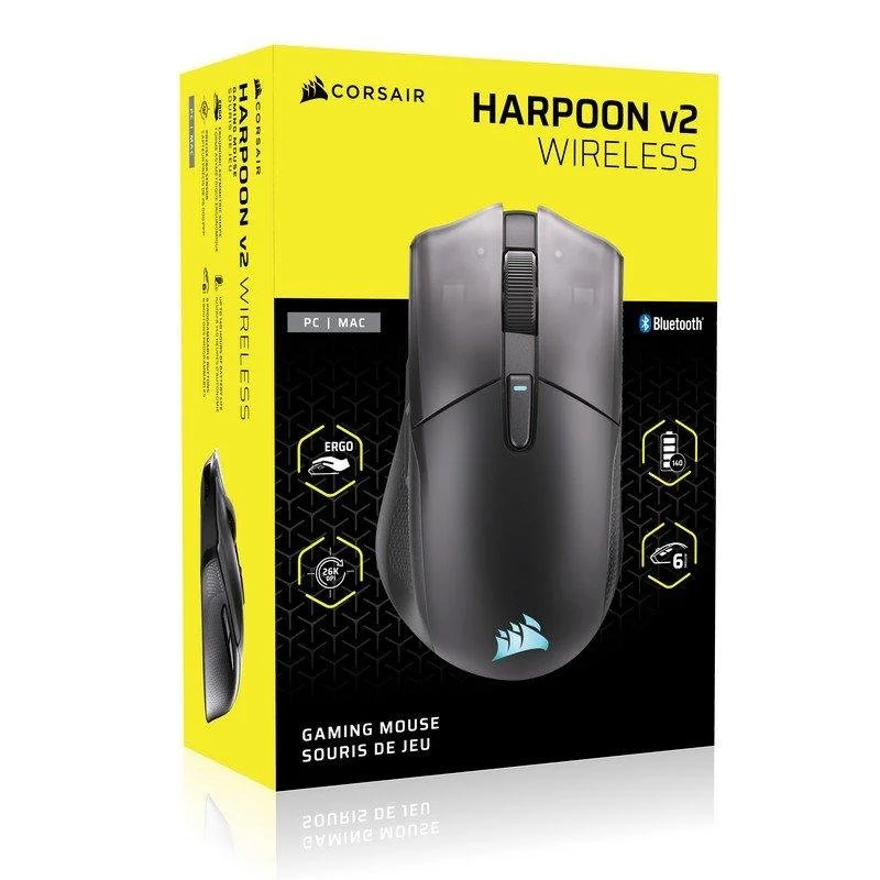 Ratón inalámbrico para juegos Corsair Harpoon v2 en embalaje negro con detalles amarillos.