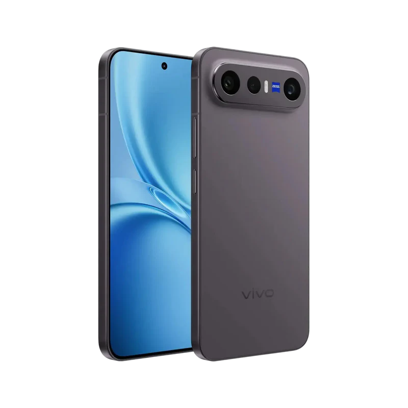 Vista frontal y trasera de un smartphone vivo gris con triple cámara y pantalla azul.