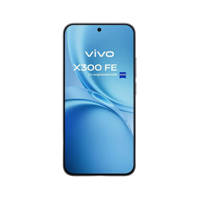 Vista frontal del smartphone Vivo X300 FE con pantalla azul y logotipo de Zeiss sobre fondo negro.
