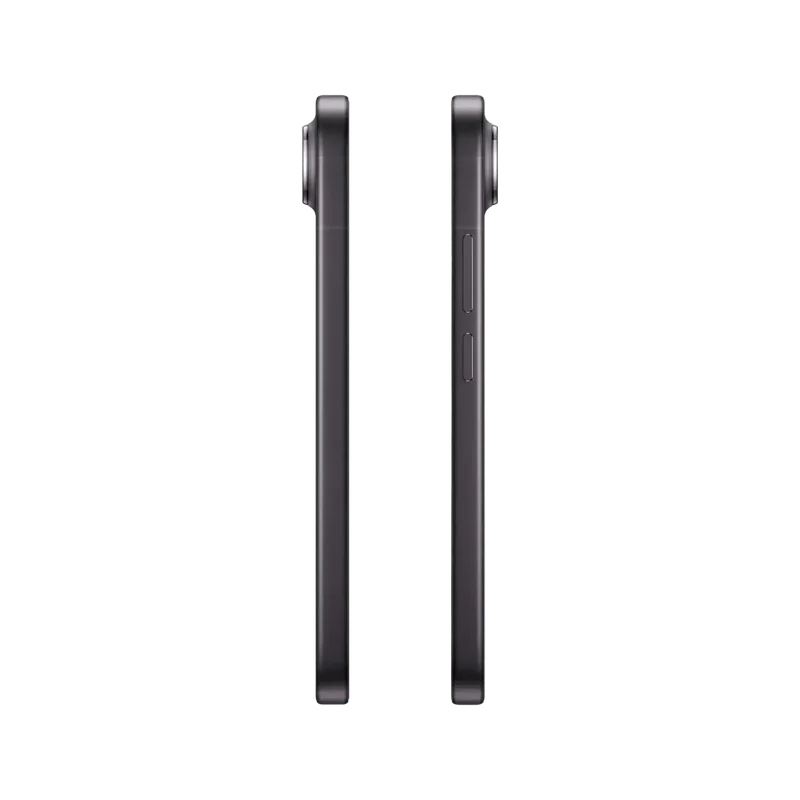 Dos perfiles laterales de un teléfono inteligente oscuro sobre fondo negro, mostrando cámara y botones.