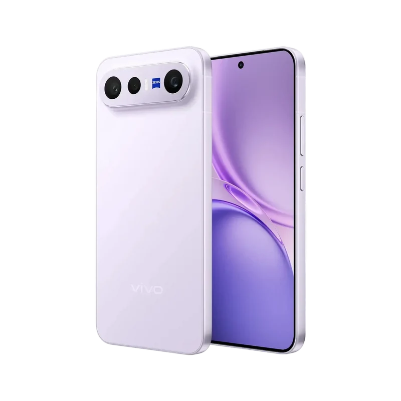 Un smartphone Vivo morado con cámara triple Zeiss en la parte trasera y pantalla iluminada.