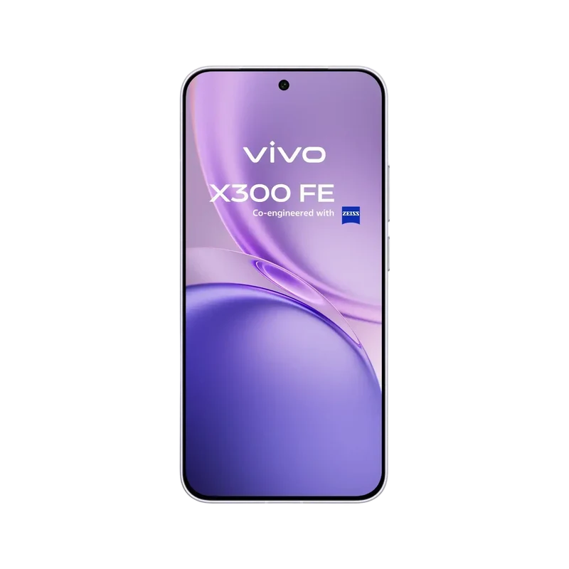 Smartphone Vivo X300 FE con fondo de pantalla púrpura y logo ZEISS sobre fondo negro.
