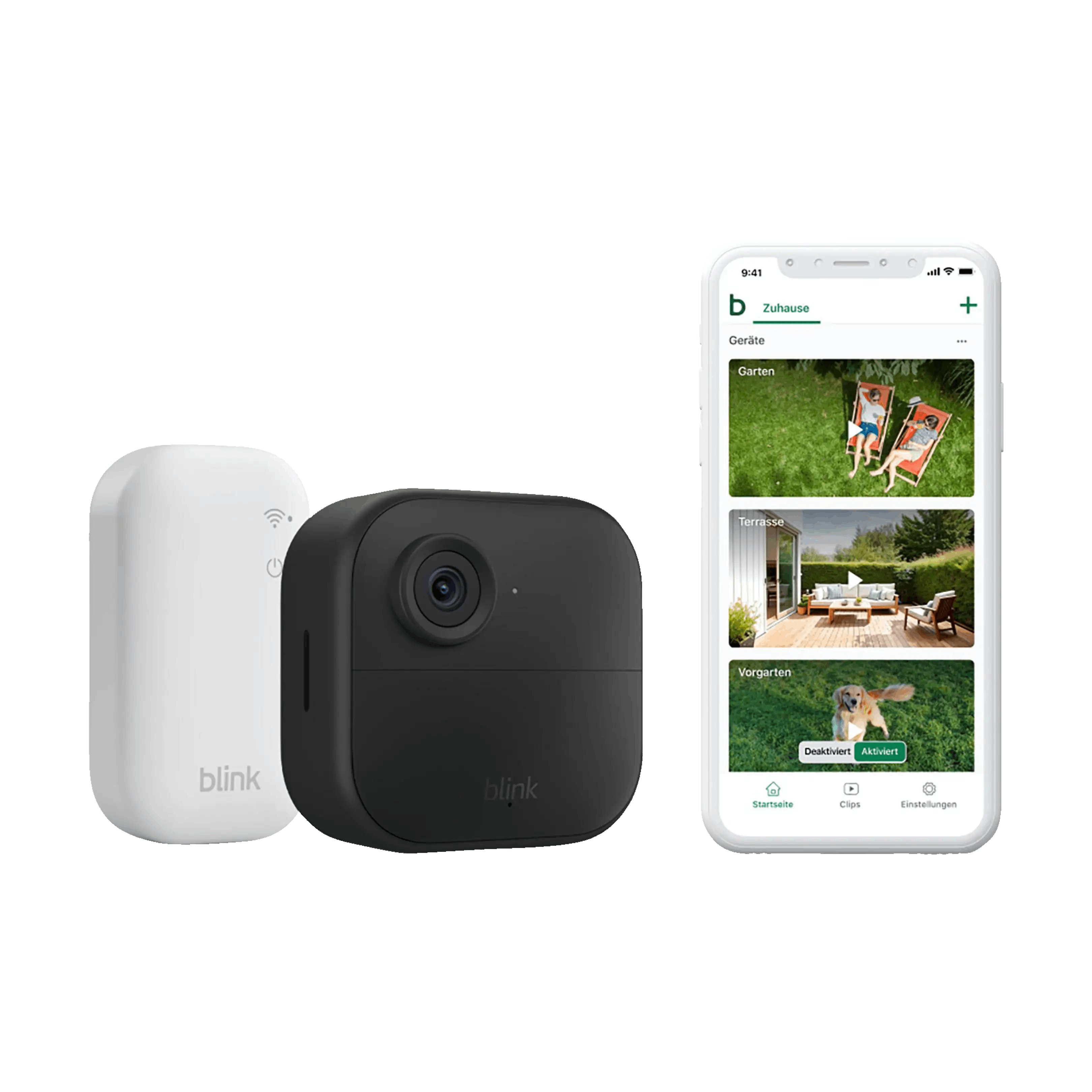 Cámara de seguridad Blink, módulo de sincronización y smartphone con vistas.