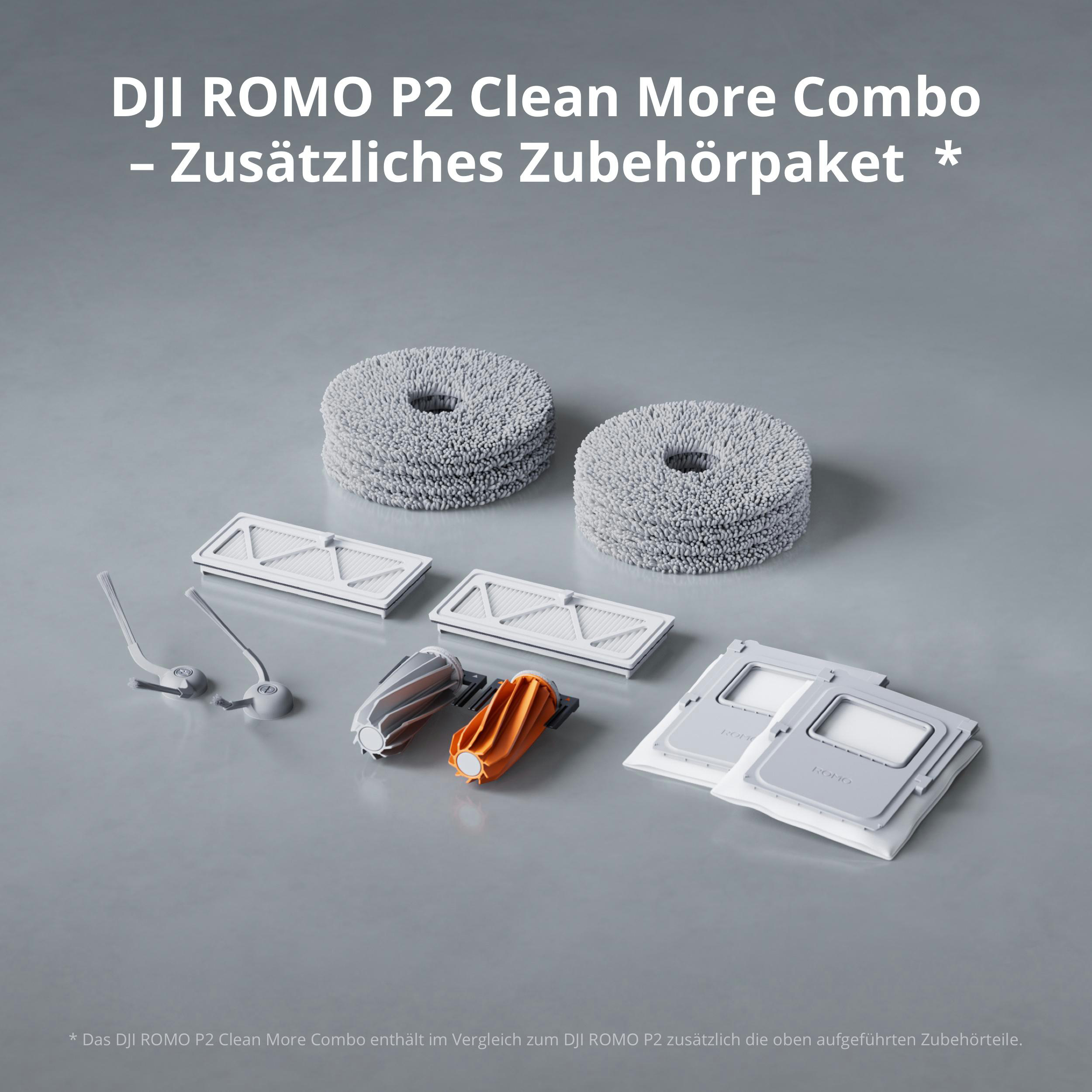 DJI ROMO P2 Zubehörpaket mit Wischmopps, Filtern, Bürsten und Staubbeuteln auf grauem Grund.
