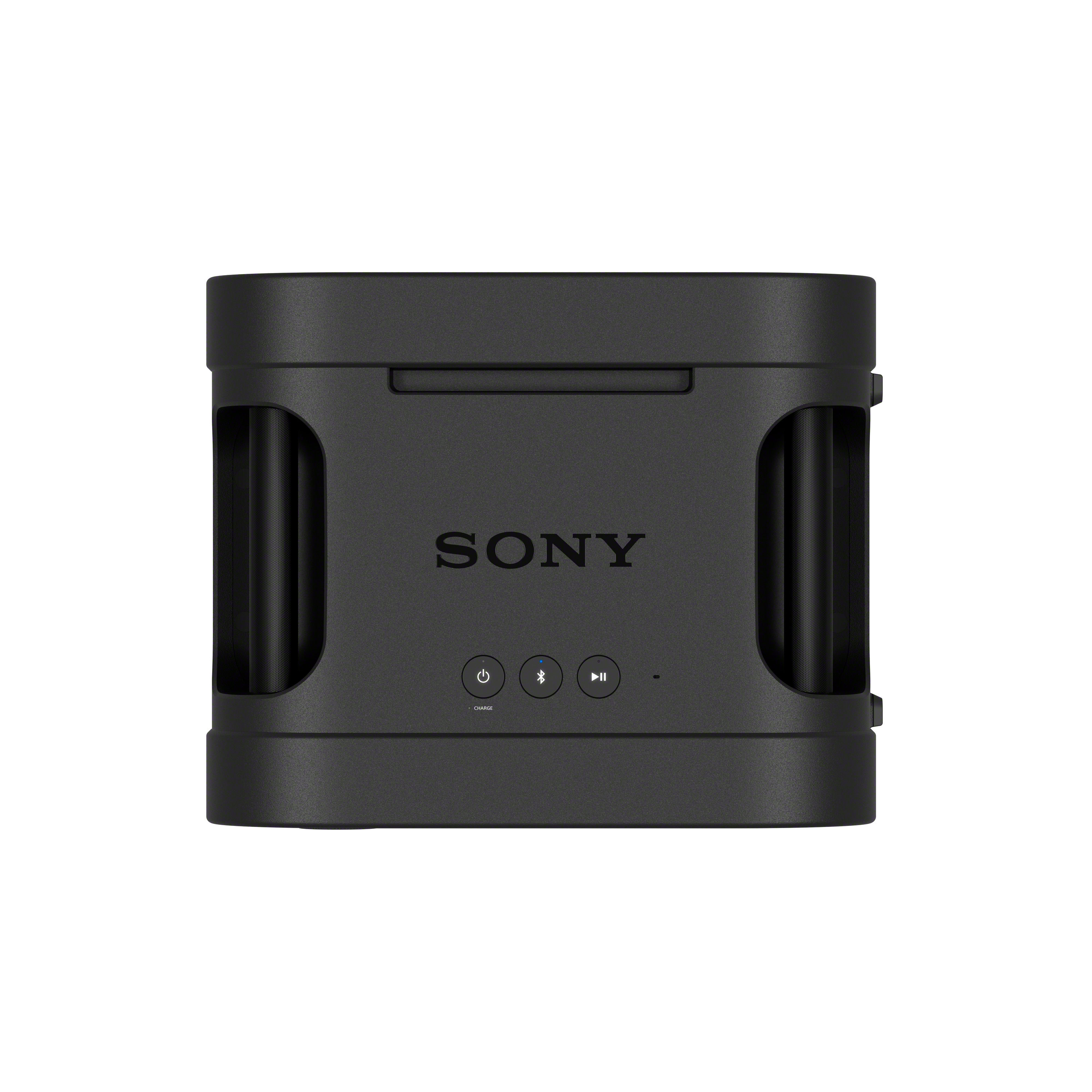 Schwarzer tragbarer Sony-Lautsprecher mit Griffen und Tasten auf der Vorderseite.