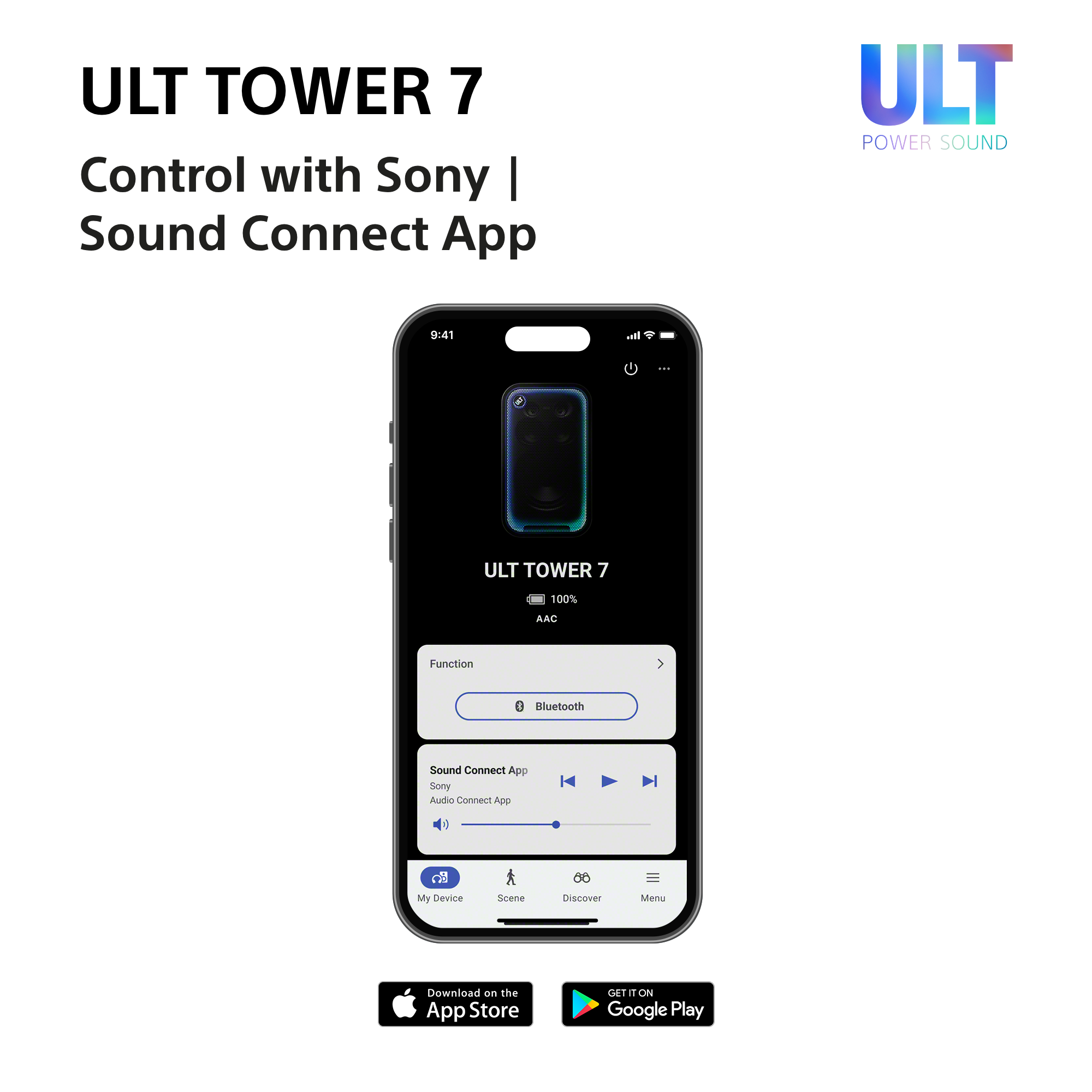 Smartphone zeigt die ULT Tower 7 Steuerung in der Sony Sound Connect App.