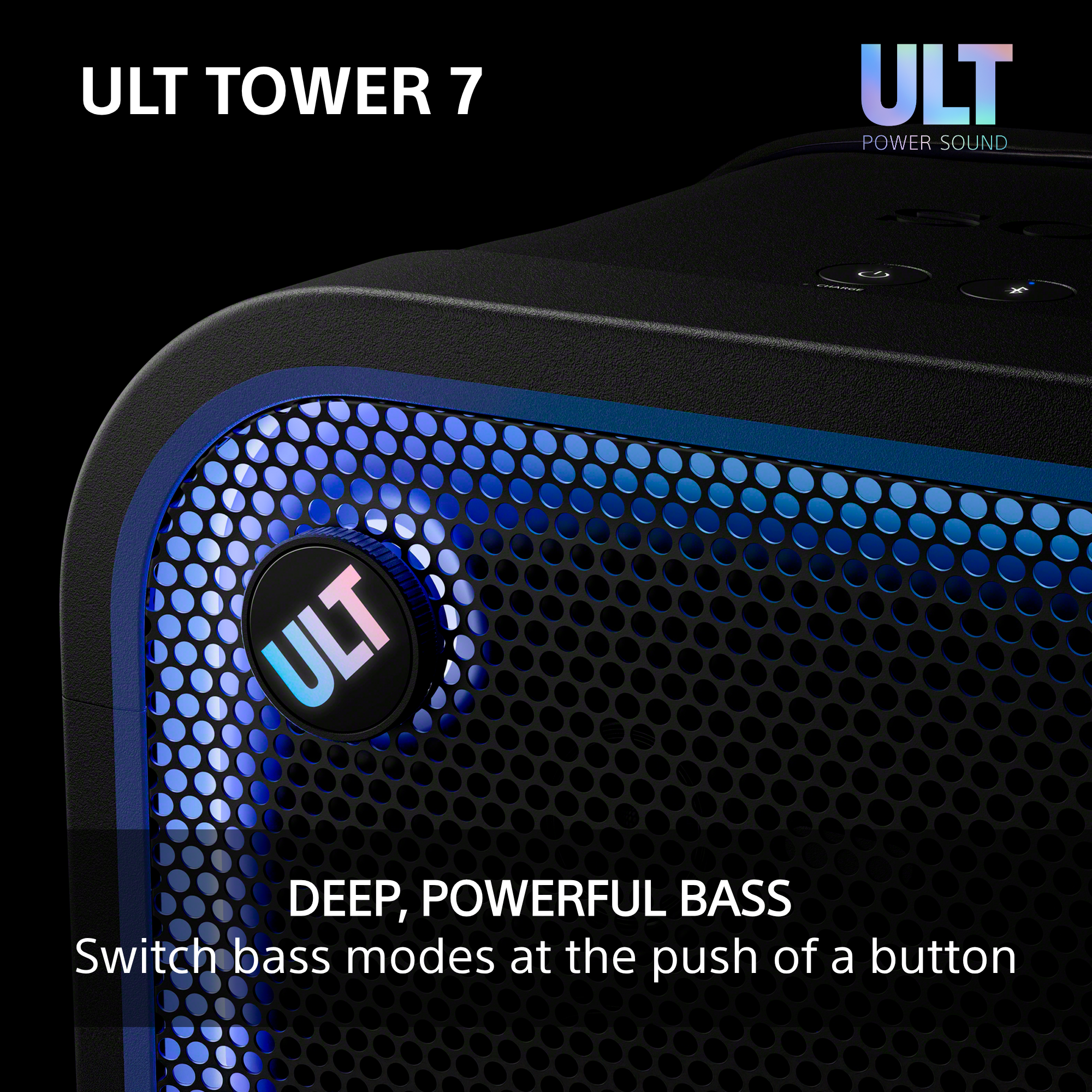 Schwarzer Ult Tower 7 Lautsprecher mit blauer LED-Beleuchtung, runder Ult-Taste und Bedienelementen oben.