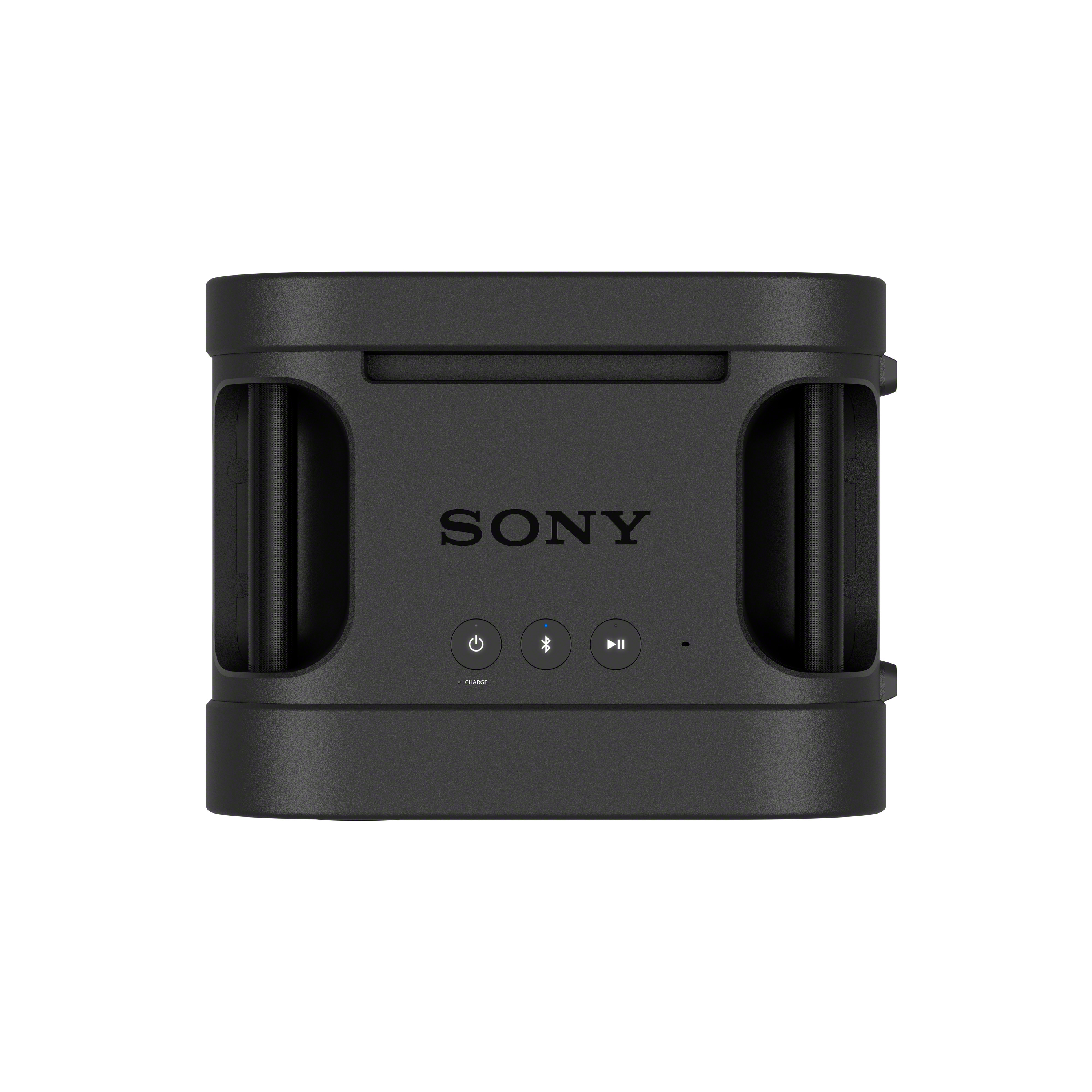 Schwarzer tragbarer Sony-Lautsprecher mit runden Bedienelementen und dem Sony-Logo in der Mitte.