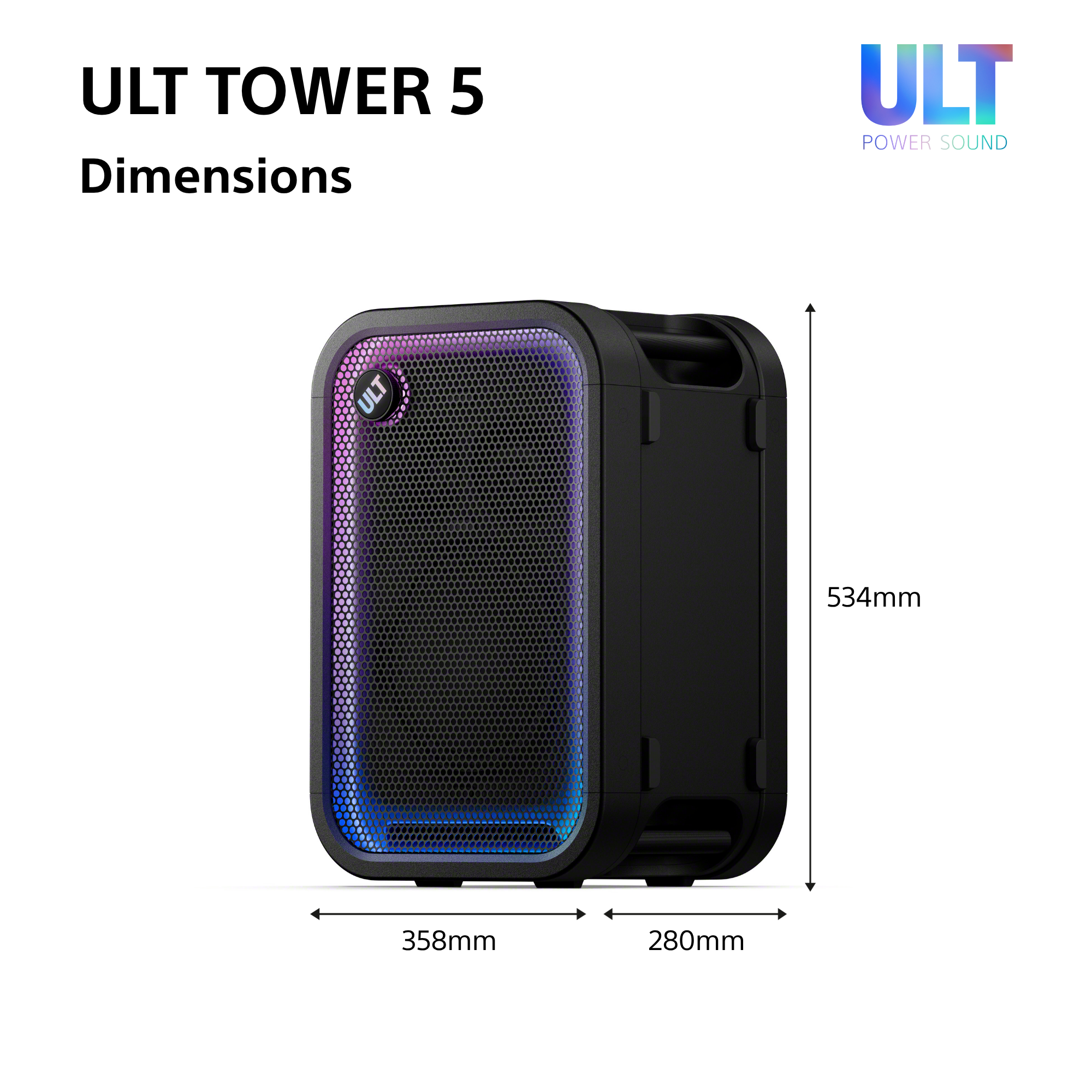 Technische Zeichnung der ULT Tower 5 Lautsprecher mit Maßen: 534mm Höhe, 358mm Breite und 280mm Tiefe.