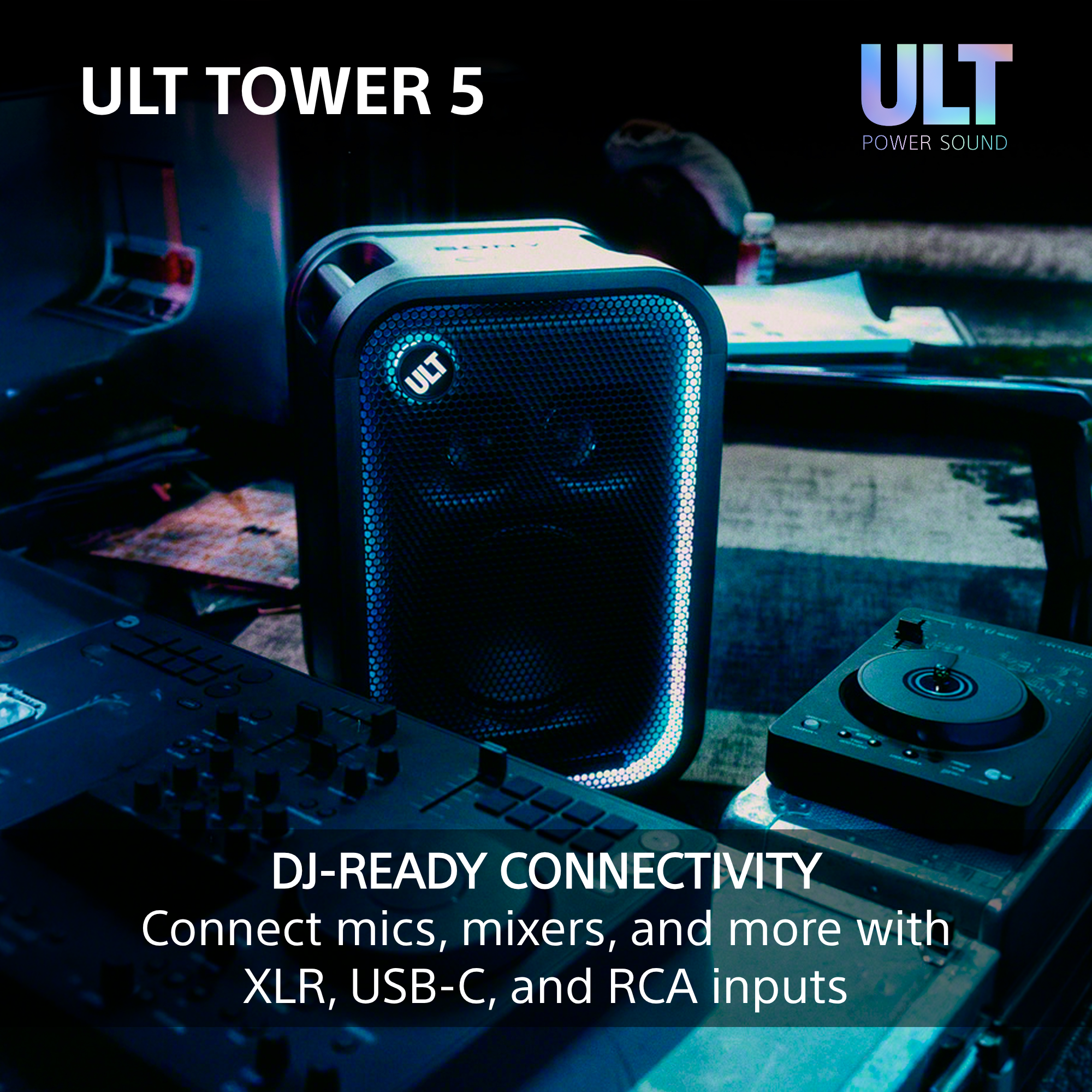 Beleuchteter ULT TOWER 5 Lautsprecher in einem DJ-Setup mit Mischpult.