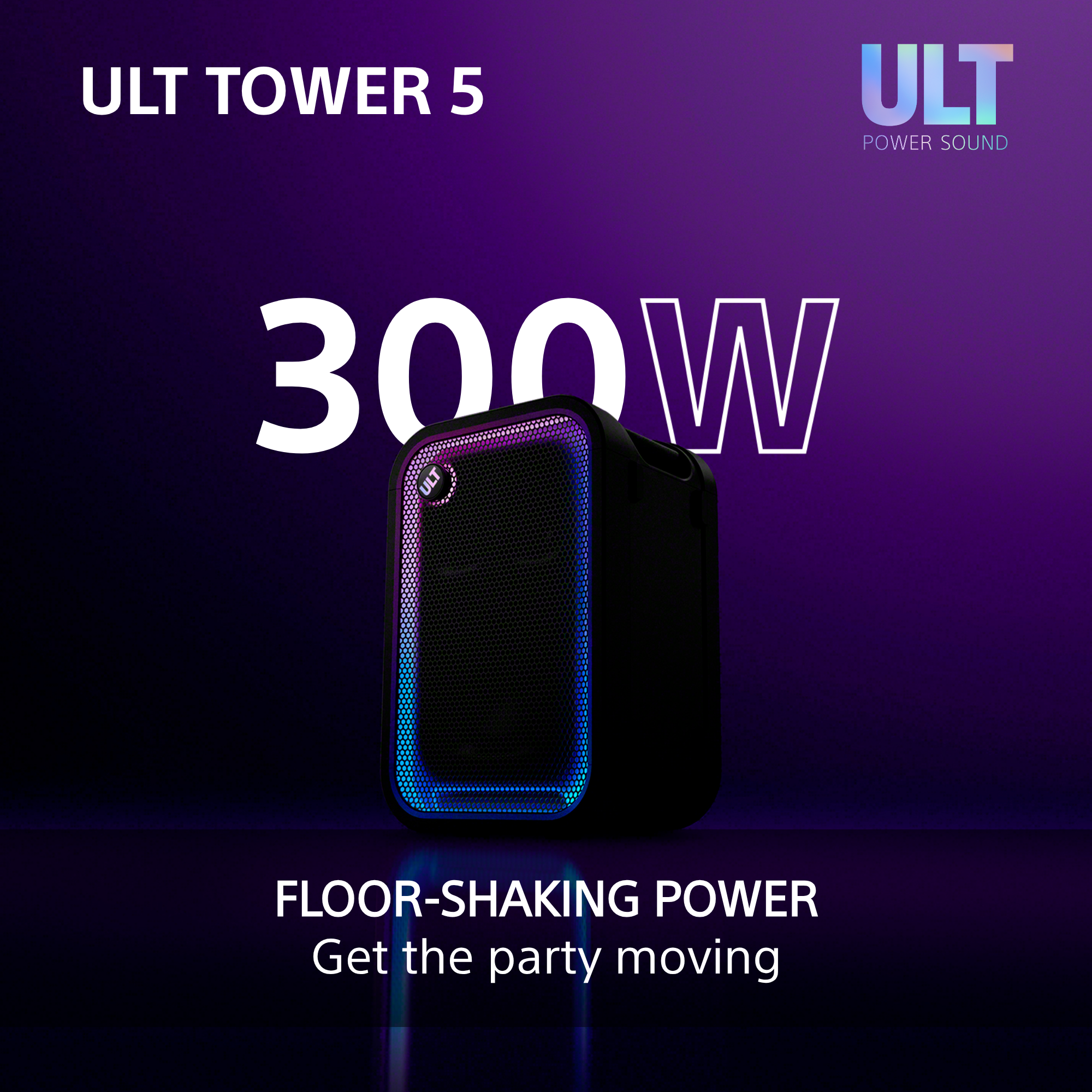 Schwarzer ULT Tower 5 Lautsprecher mit buntem LED-Licht und weißem Text auf lilafarbenem Hintergrund.