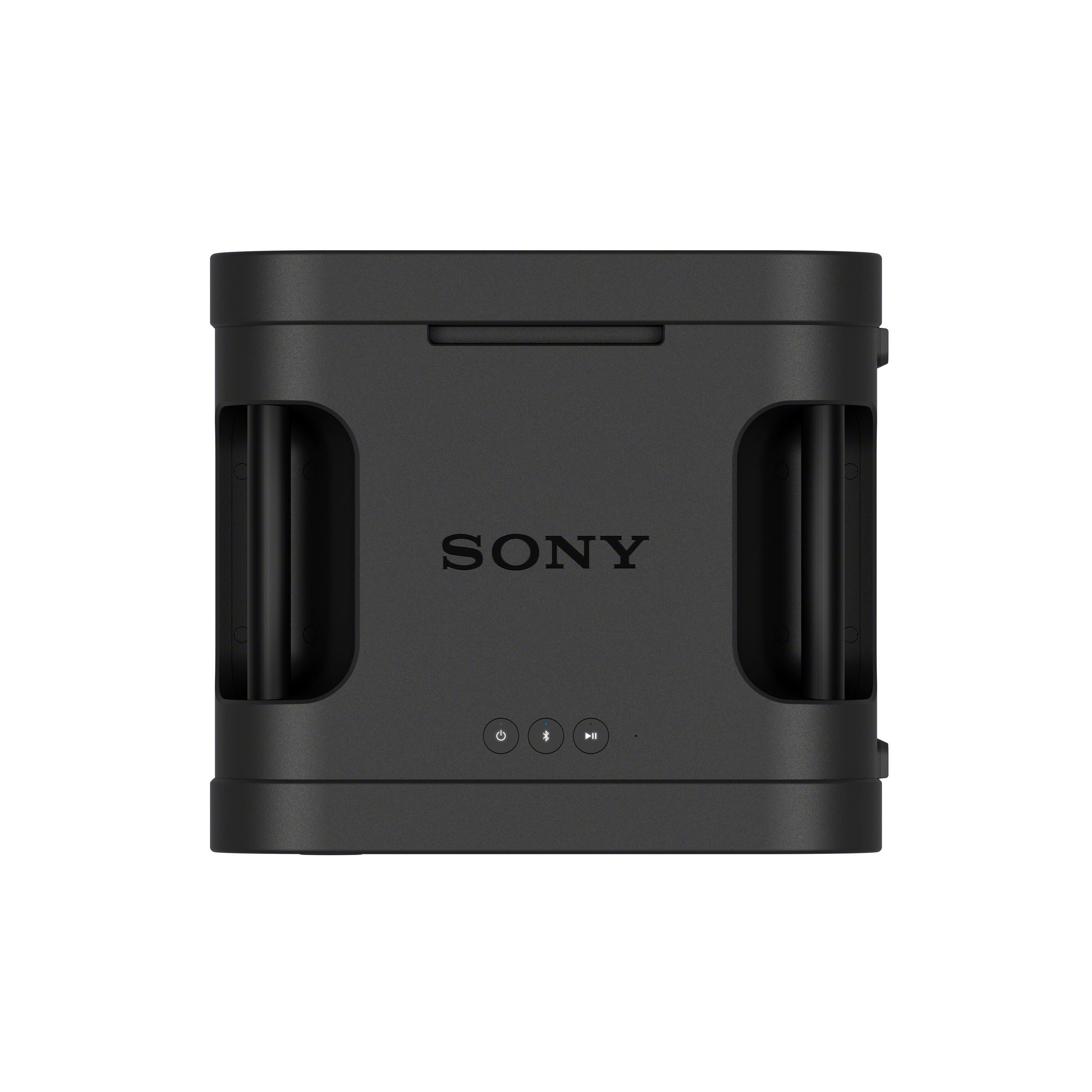 Schwarzer tragbarer Sony-Lautsprecher mit Griffen an den Seiten und Bedienknöpfen unten.