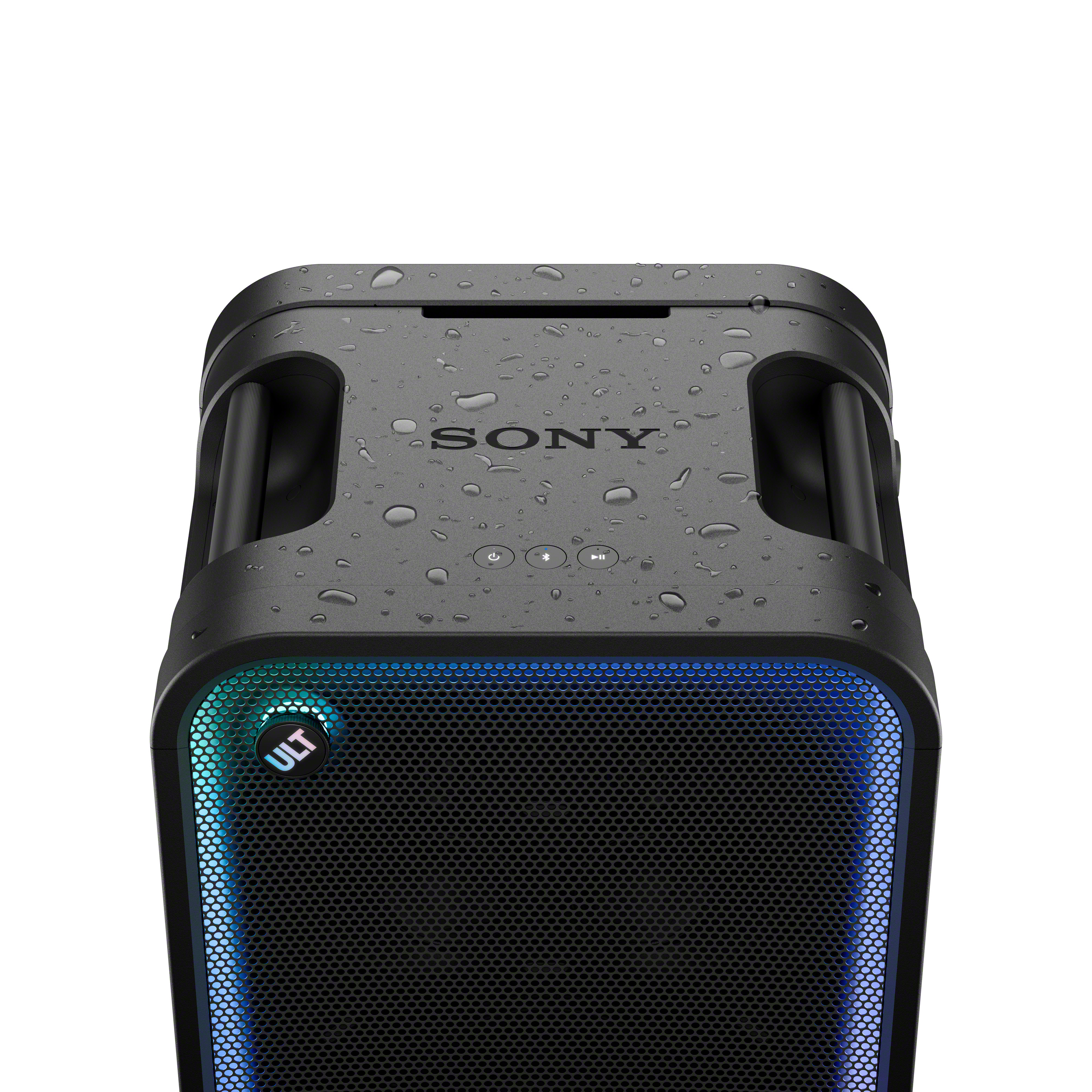 Schwarzer tragbarer Sony-Lautsprecher mit Wassertropfen und blauer Beleuchtung.