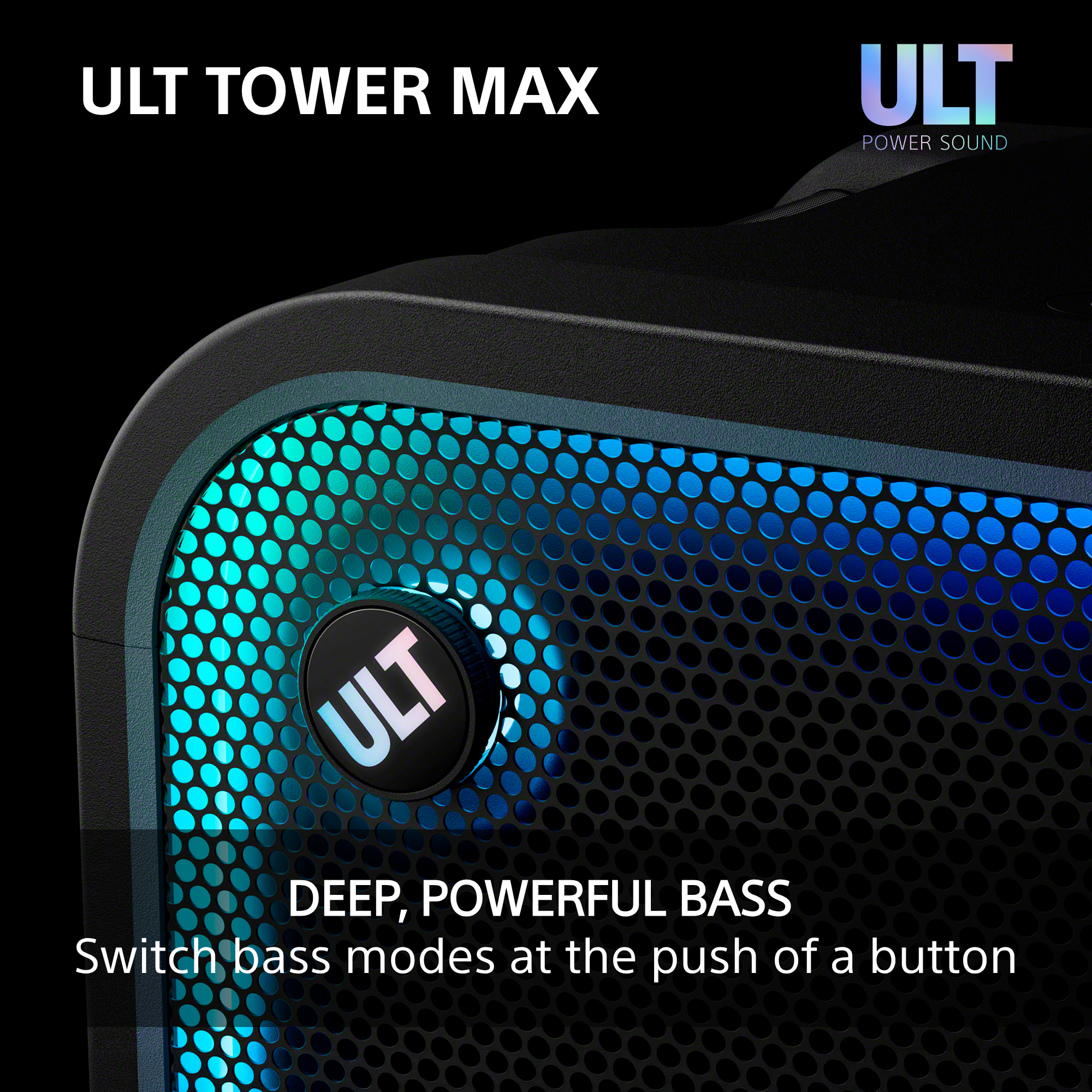Schwarzer ULT TOWER MAX Lautsprecher mit blauem Licht hinter einem Metallgitter und einem runden ULT-Knopf.