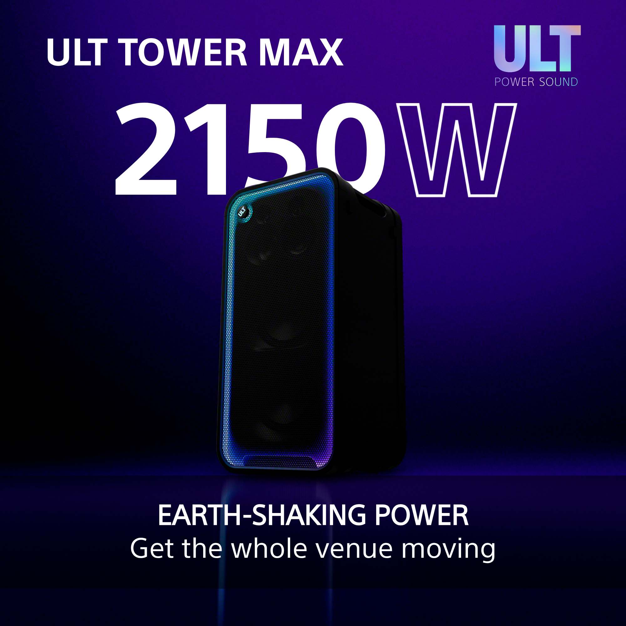 Schwarzer ULT Tower Max Lautsprecher mit blauer Randbeleuchtung und großer 2150W Aufschrift vor blauem Hintergrund.