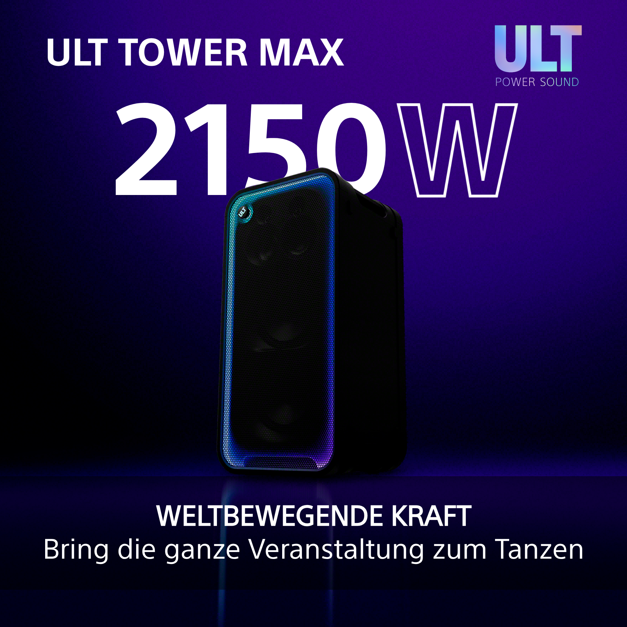 Schwarzer ULT Tower Max Lautsprecher mit blauer LED-Beleuchtung vor violettem Hintergrund und Text.