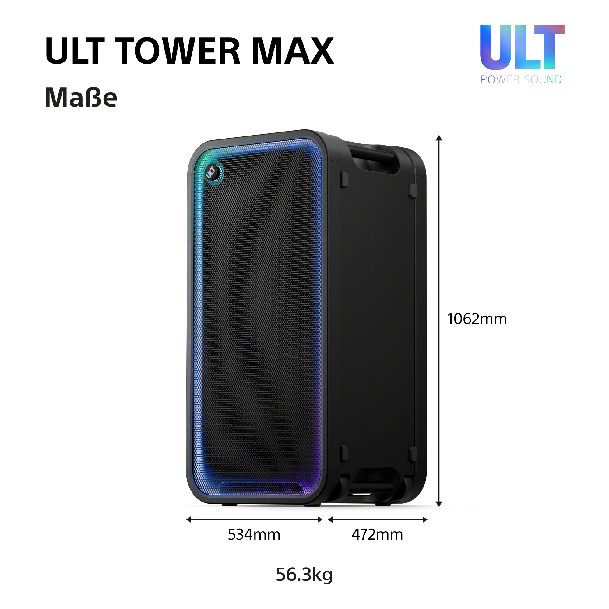 Abmessungen des schwarzen ULT Tower Max Lautsprechers: 1062mm Höhe, 534mm Breite, 472mm Tiefe, 56,3kg schwer.