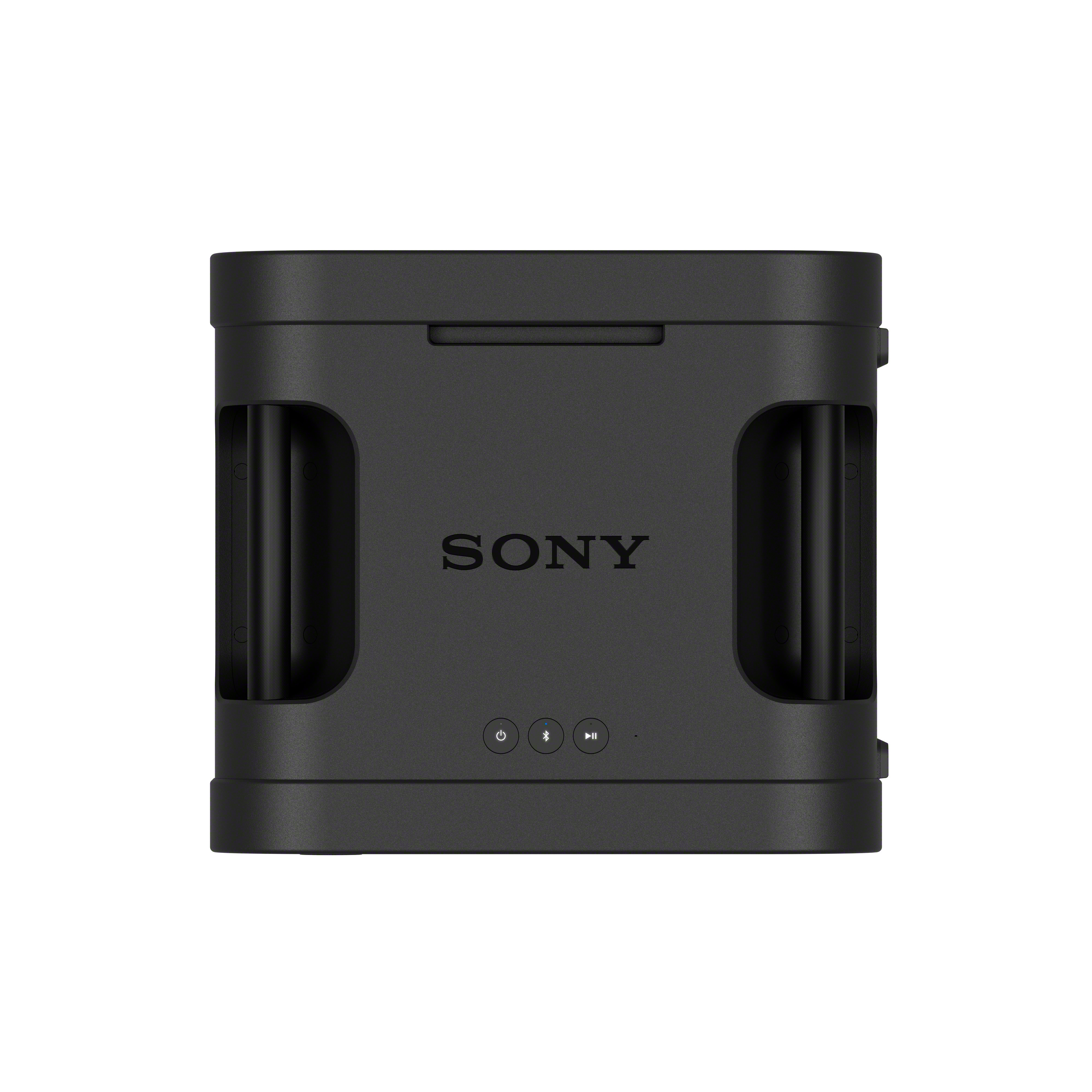 Ein schwarzer Sony Lautsprecher mit Griffen an den Seiten und Bedienknöpfen unten auf weißem Hintergrund.