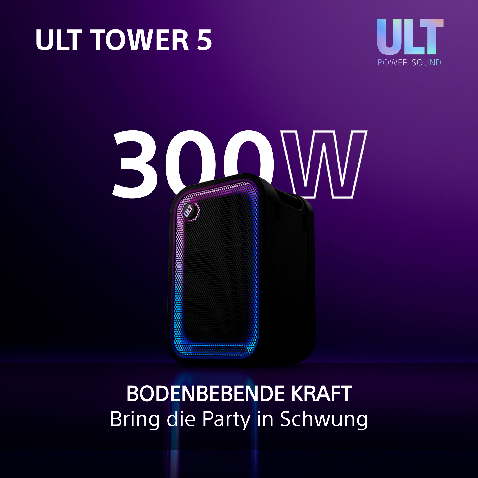 Schwarzer ULT Tower 5 Partylautsprecher mit blauer und lila LED-Beleuchtung vor violettem Hintergrund.