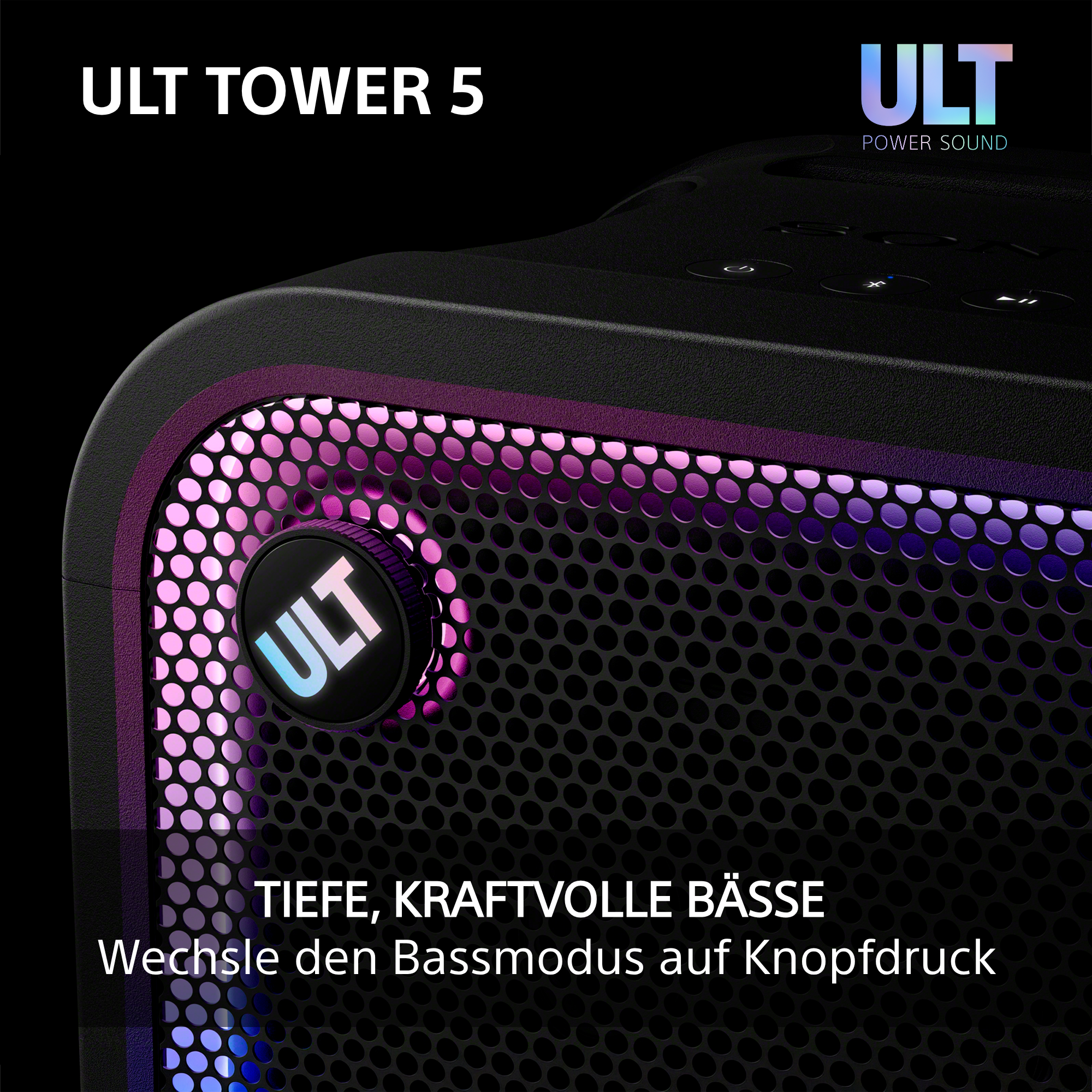 Schwarzer ULT Tower 5 Lautsprecher mit beleuchtetem ULT-Knopf und bunten LED-Lichtern.