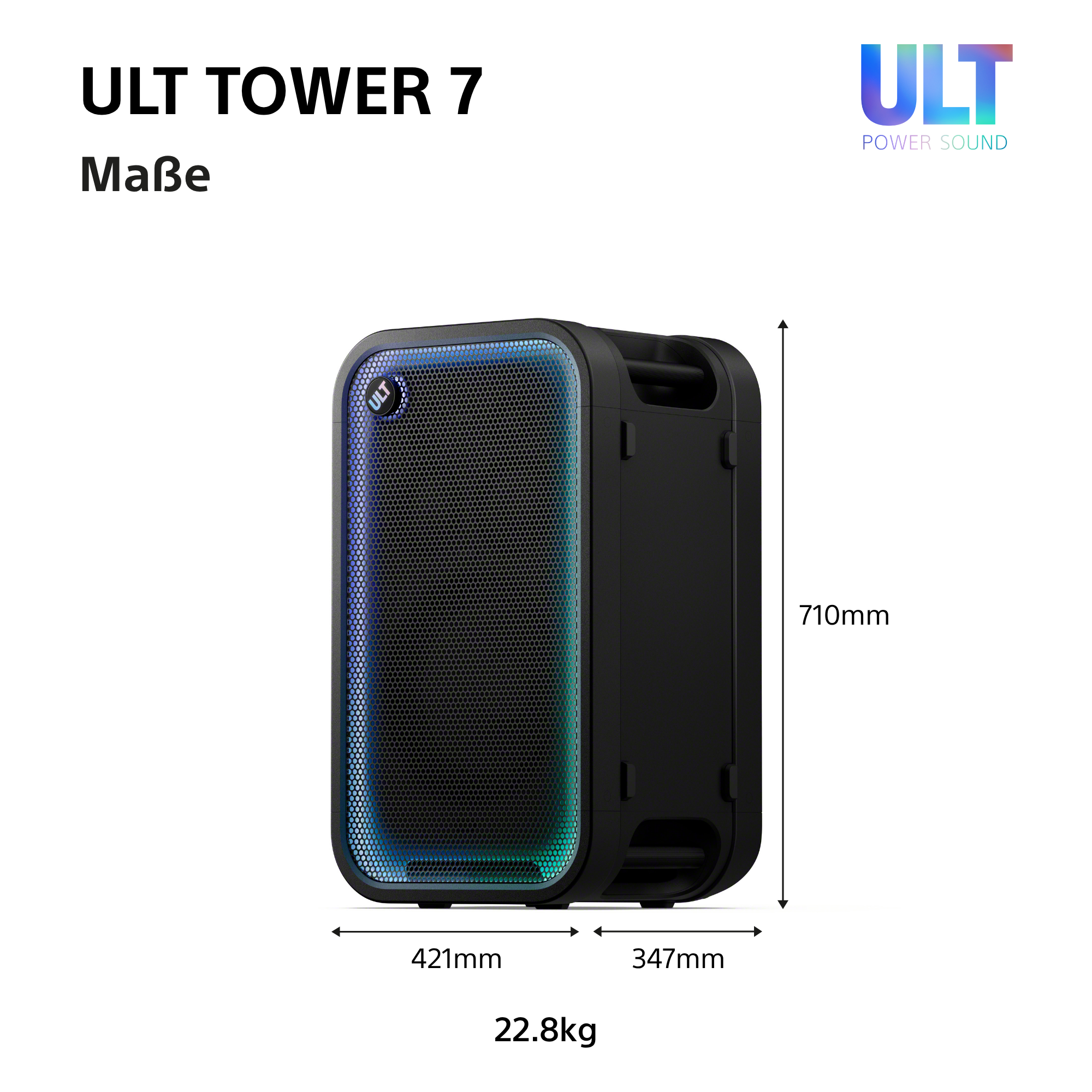Maßdiagramm des schwarzen ULT Tower 7 Lautsprechers mit Höhe, Breite, Tiefe und Gewicht.