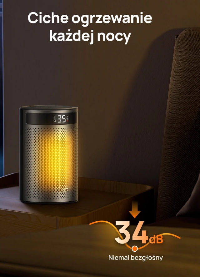 Cichy grzejnik elektryczny na szafce nocnej emituje cieple, pomarańczowe światło.